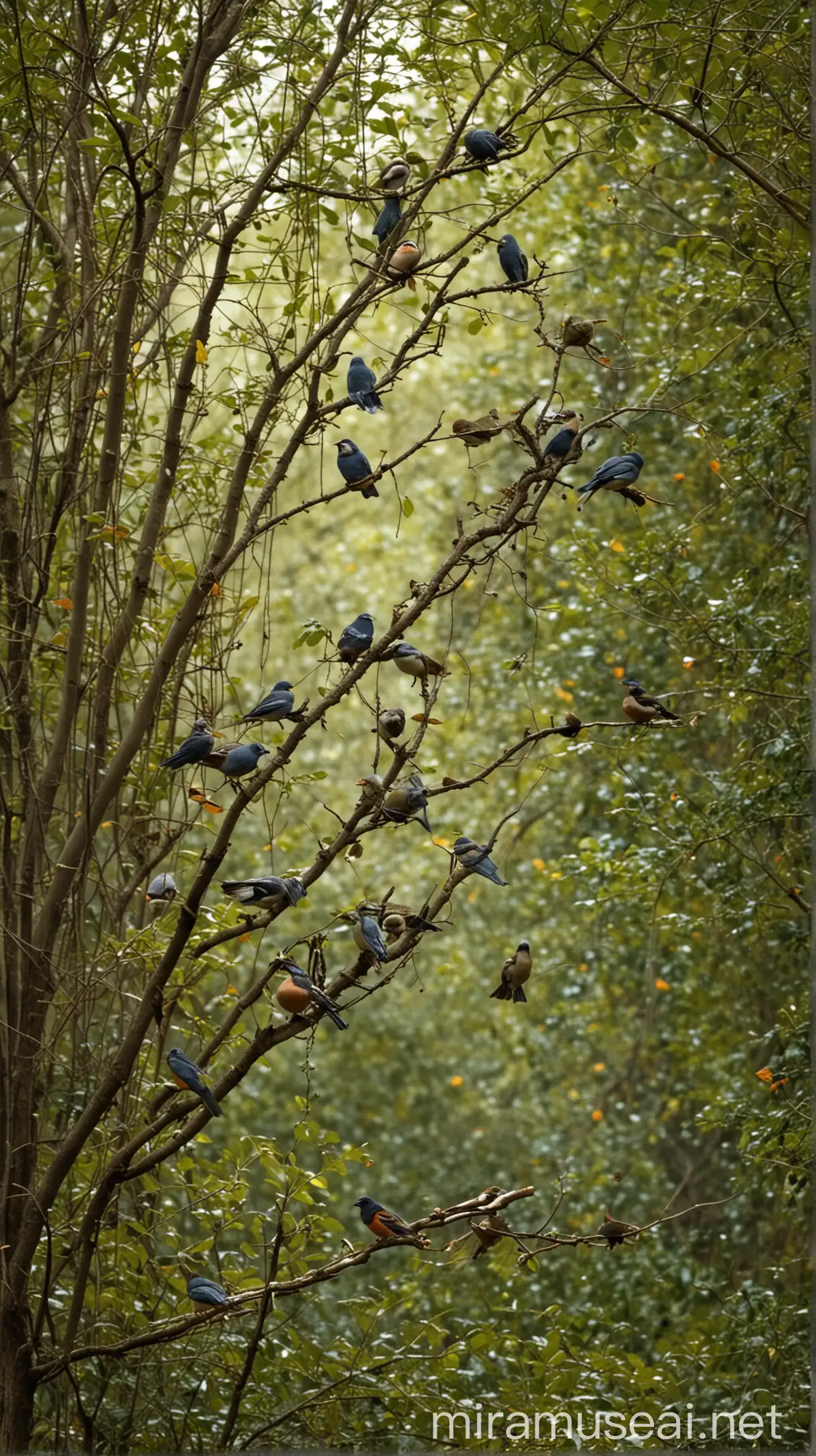 Birds' chirps were so harmonious that they attracted travelers. Their chirps were so harmonious that they attracted travelers. One day a stranger came and began to play the birds' trills. All the wonderful music of the grove was blown away by his ineffective oration