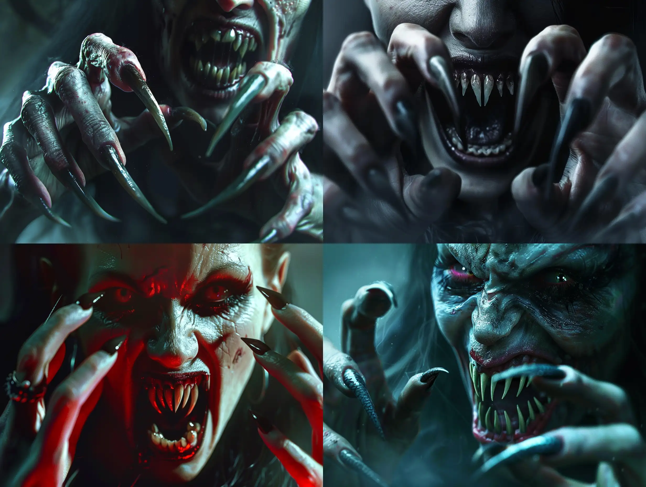 Photorealism of a monstrous female vampire with long, curved, pointed nails, exuding an aggressive and terrifying presence. Her pointed, crooked teeth convey a scary expression amidst a dark and atmospheric setting. The high-quality, photorealistic depiction should emphasize the aggressive and scary predator nature, showcasing detailed nails and fangs. The lighting should create an atmospheric and horrifying ambiance. The full-body portrayal should exhibit realistic hyper-detail, capturing playful character designs and full anatomical features, including distinctly human hands with five clear fingers without flaws.