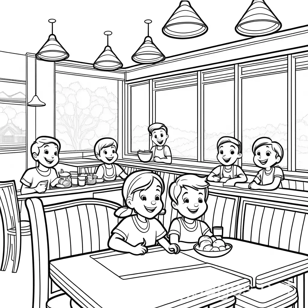happy kids in Applebee's restaurant, Coloring Page, black and white, line art, white background, Simplicity, Ample White Space. The background of the coloring page is plain white to make it easy for young children to color within the lines. The outlines of all the subjects are easy to distinguish, making it simple for kids to color without too much difficulty