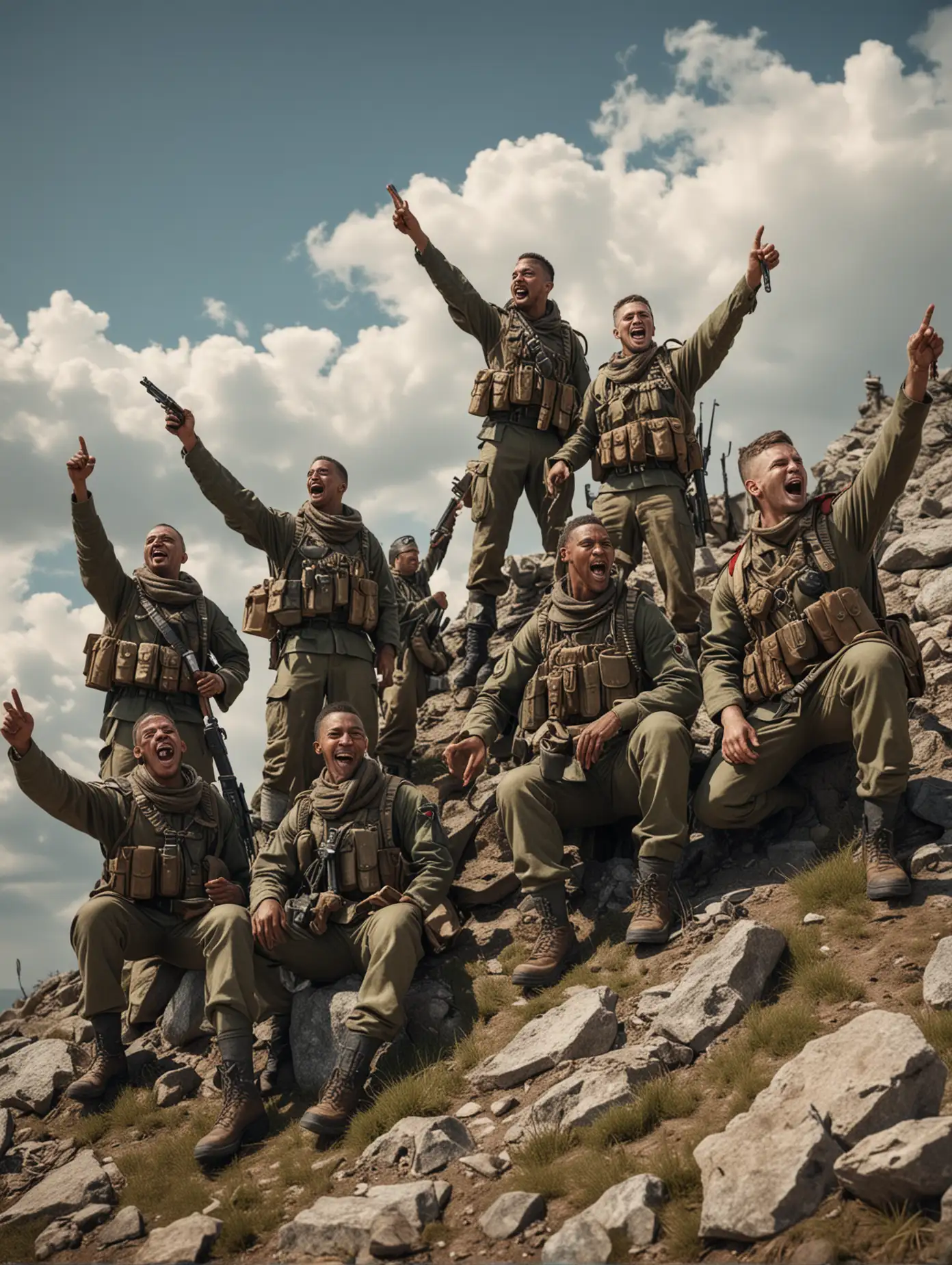 a group of diverse modern day soldiers, celebrating victory, photo realistic, at the top of a hill, canon 85mm