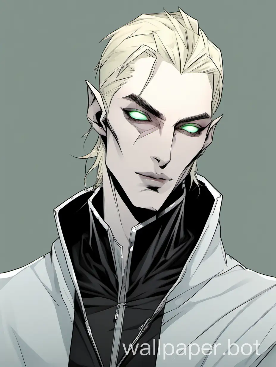 villain vampire, vampiric feminine man, long, slender, androgynous, ambiguous gender, nonbinary, model, pale ash blond hair, hair length down to chin jaw, elf-like, sadist, pale green-grey eyes, half-closed eyes, defined under eyes, angular arched high eyebrows, high browbone, shaped eyebrows, sleek cheekbones, pale skin, pale lips, long angular face, pronounced frontal process of maxilla, artificer, pointed ears, long smooth chin, long sharp sleek straight nose, flat chest, young adult, modern, sly, roguish, smirk, pretty boy, well groomed, wearing black hoodie, prettyboi, pallid, high cheekbones, sharp jaw, pale, otherworldly, techwear