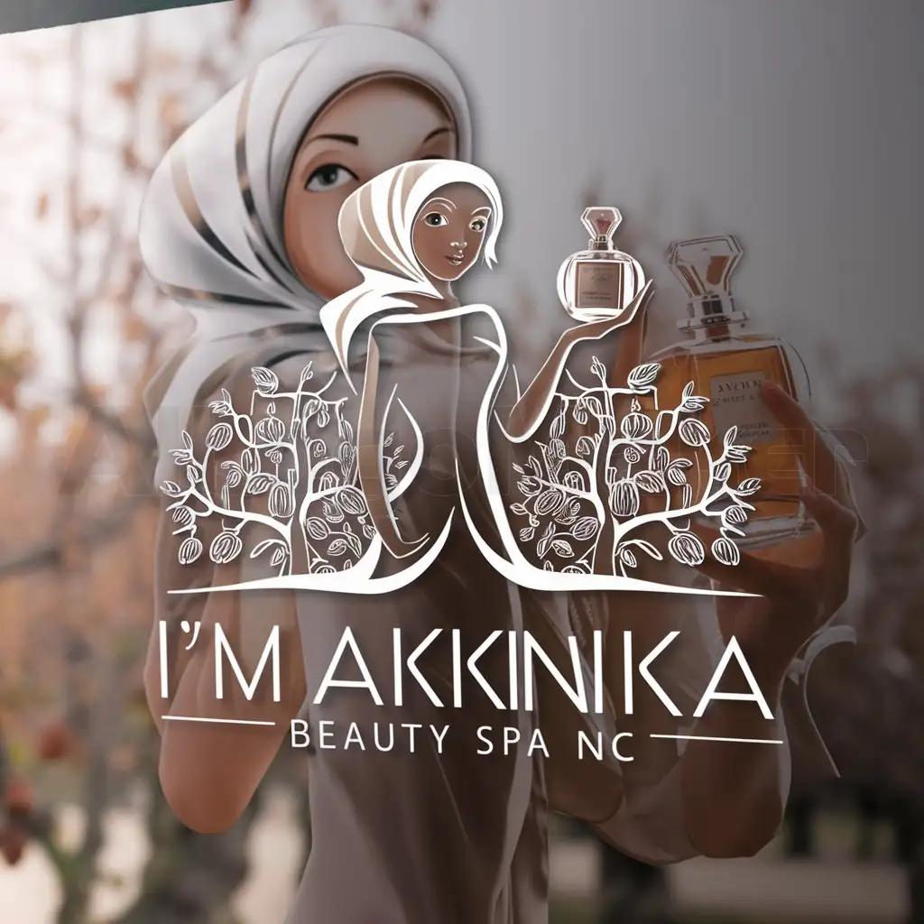 a logo design,with the text "I'm_Akkinka", main symbol:girl in a headscarf with a bottle of perfume on an almond orchard background,Moderate,be used in Beauty Spa industry,clear background