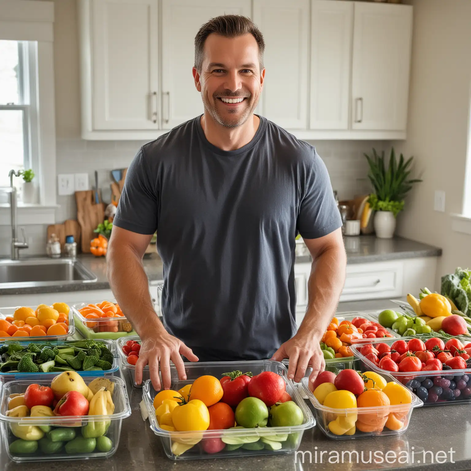 A busy dad stands in his kitchen surrounded by colorful fruits, vegetables, and meal prep containers. He's smiling as he portions out nutritious meals for the week, showcasing the ease and efficiency of meal prepping.