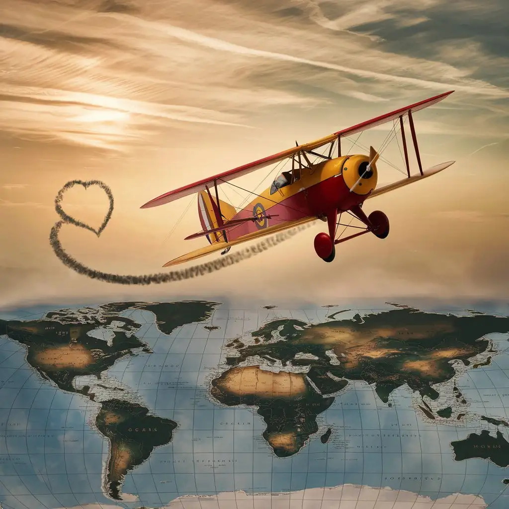 A vintage airplane flying over a world map.