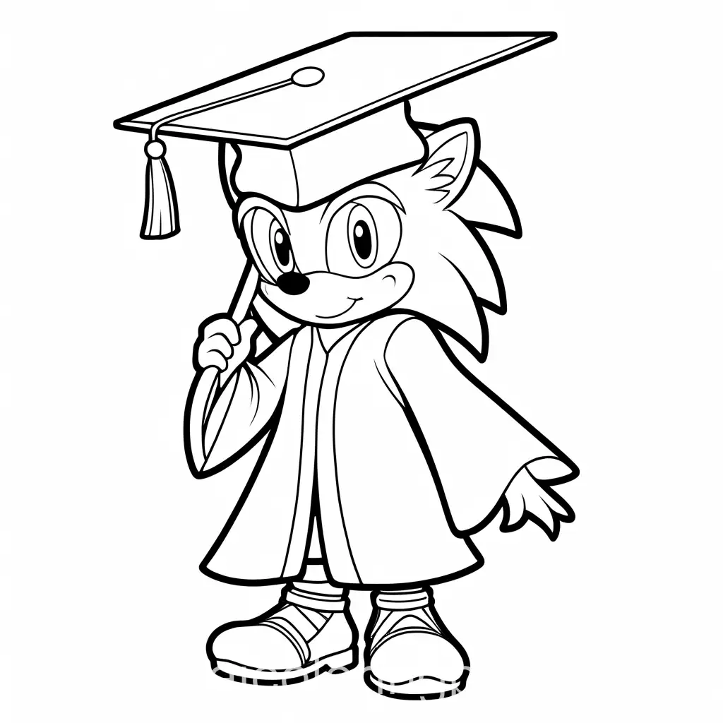 sonic the hedge hog preschool graduation cap and gown, Coloring Page, black and white, line art, white background, Simplicity, Ample White Space. The background of the coloring page is plain white to make it easy for young children to color within the lines. The outlines of all the subjects are easy to distinguish, making it simple for kids to color without too much difficulty