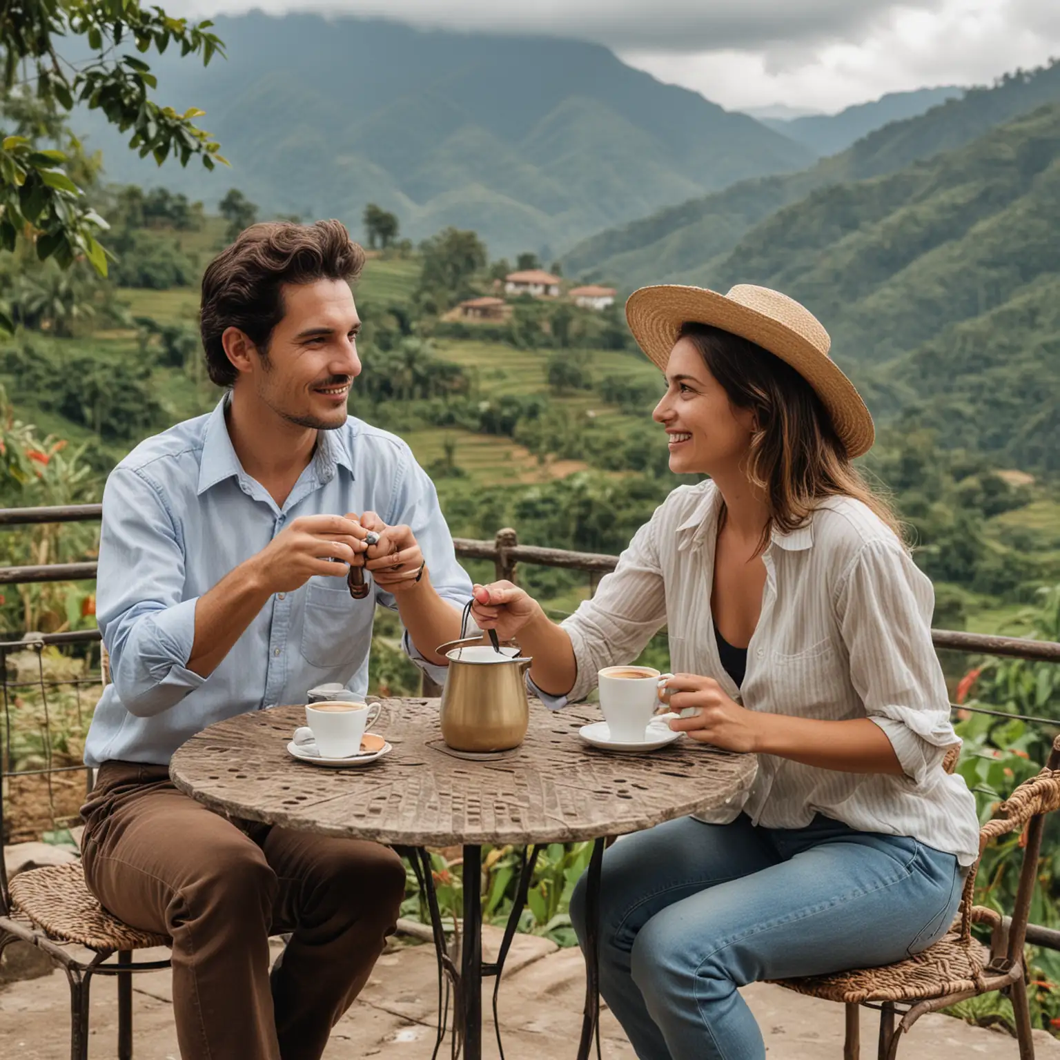Muéstrame un par de amigos tomando café en la terraza de una finca colombiana
