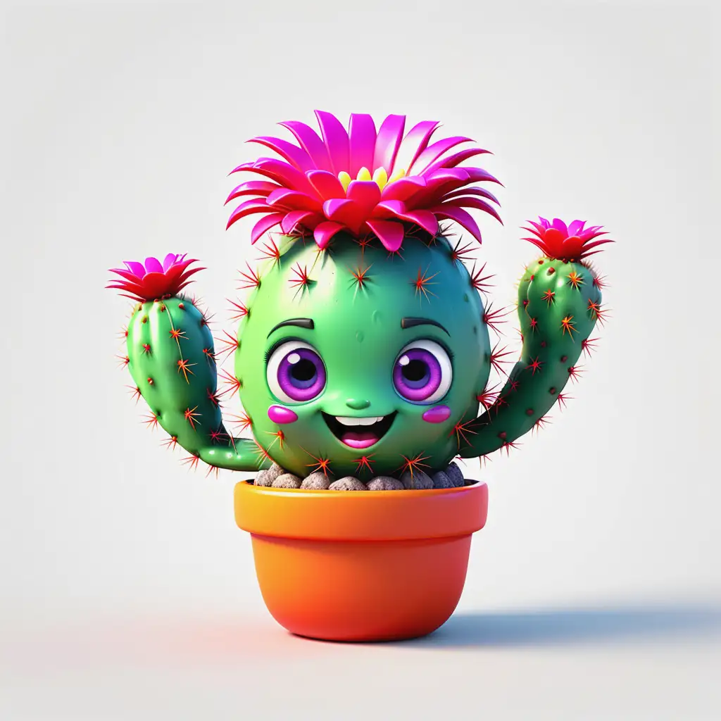 cartoon pixar-style 3d character of a vibrantly colored baby cactus on a white background