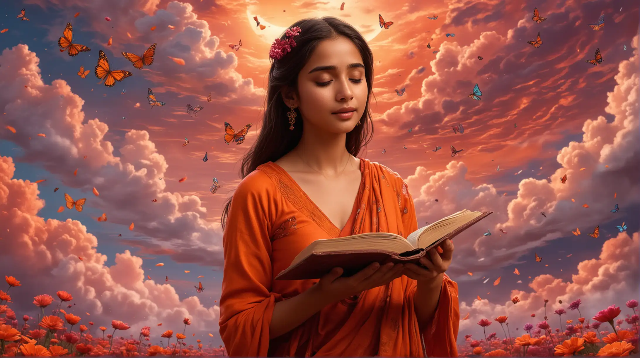 cartoon, Naomi Scott as indian girl reads Mantras of the Rig Veda only 5 fingers, orange dress, Tibet, fog, clouds, Red Sky, eyes closed, surrounded by gorgeous colorful flowers, butterflies