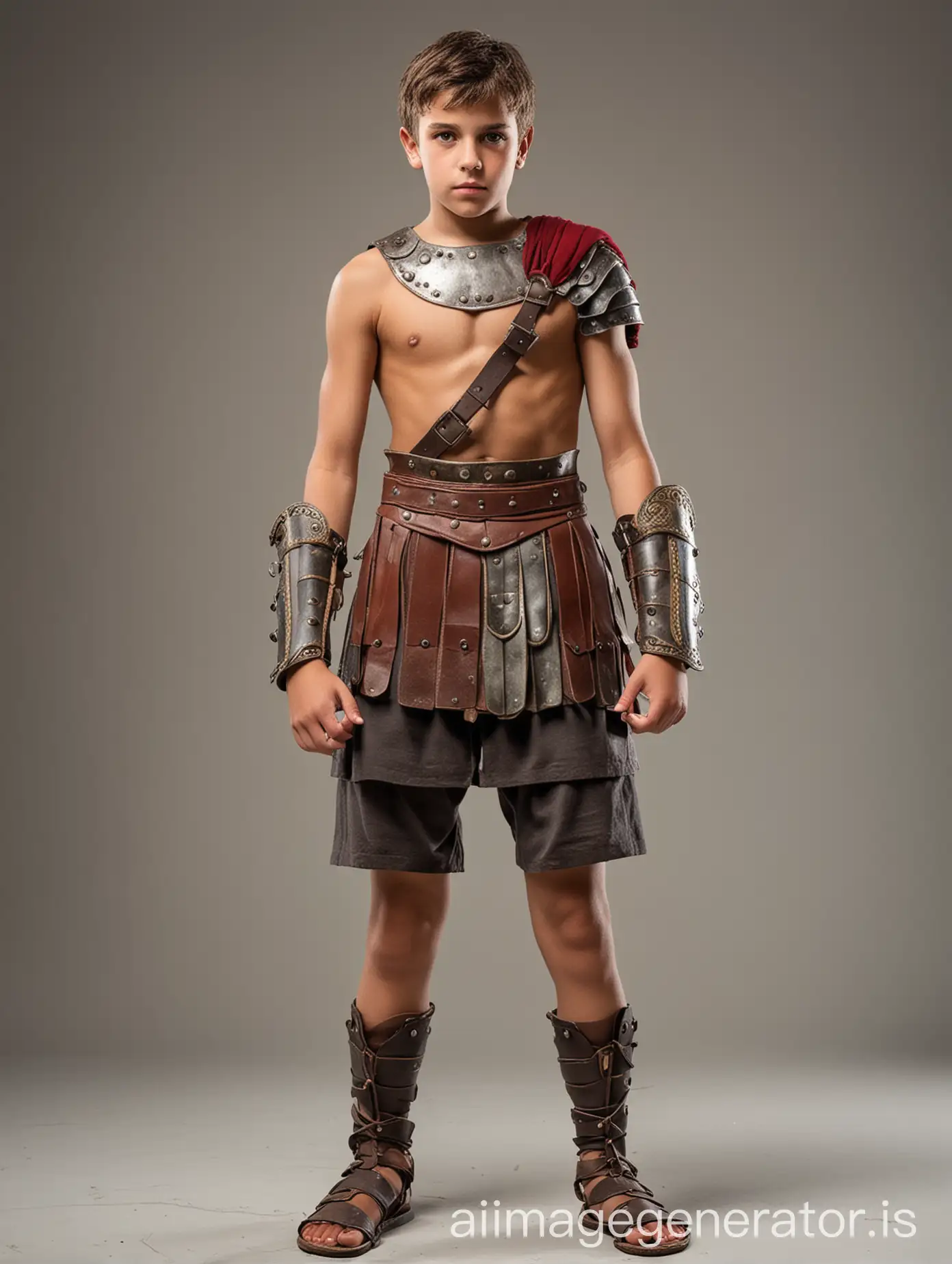 roman gladiator teen boy, full body pose, standing straight looking forward towards camera, hands at sides