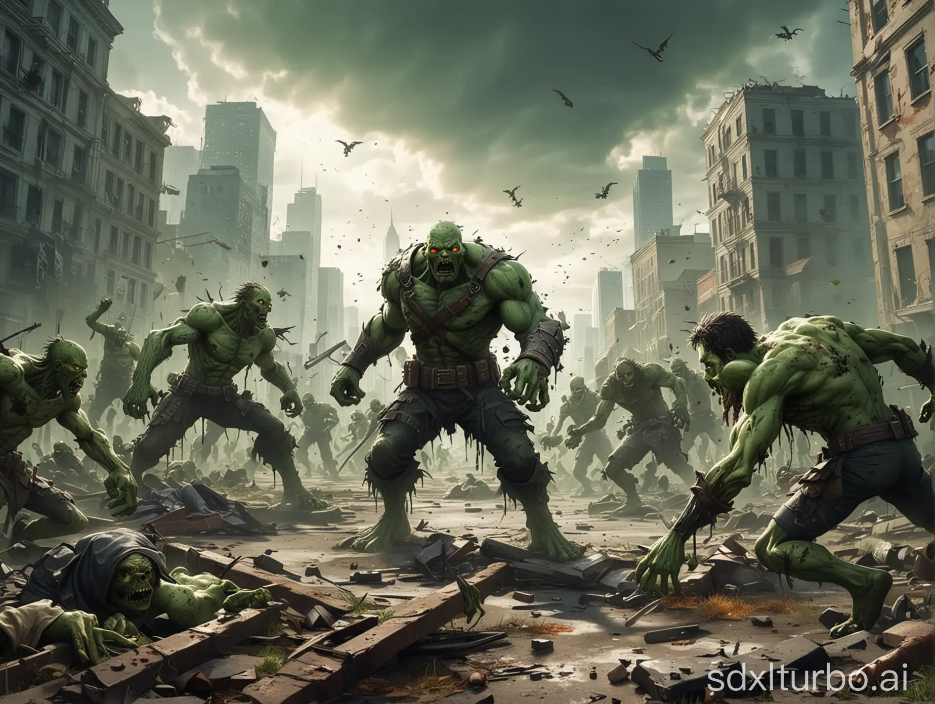 cartoon characters fighting green zombies scene, god's perspective, casual painting style, with city battlefield atmosphere