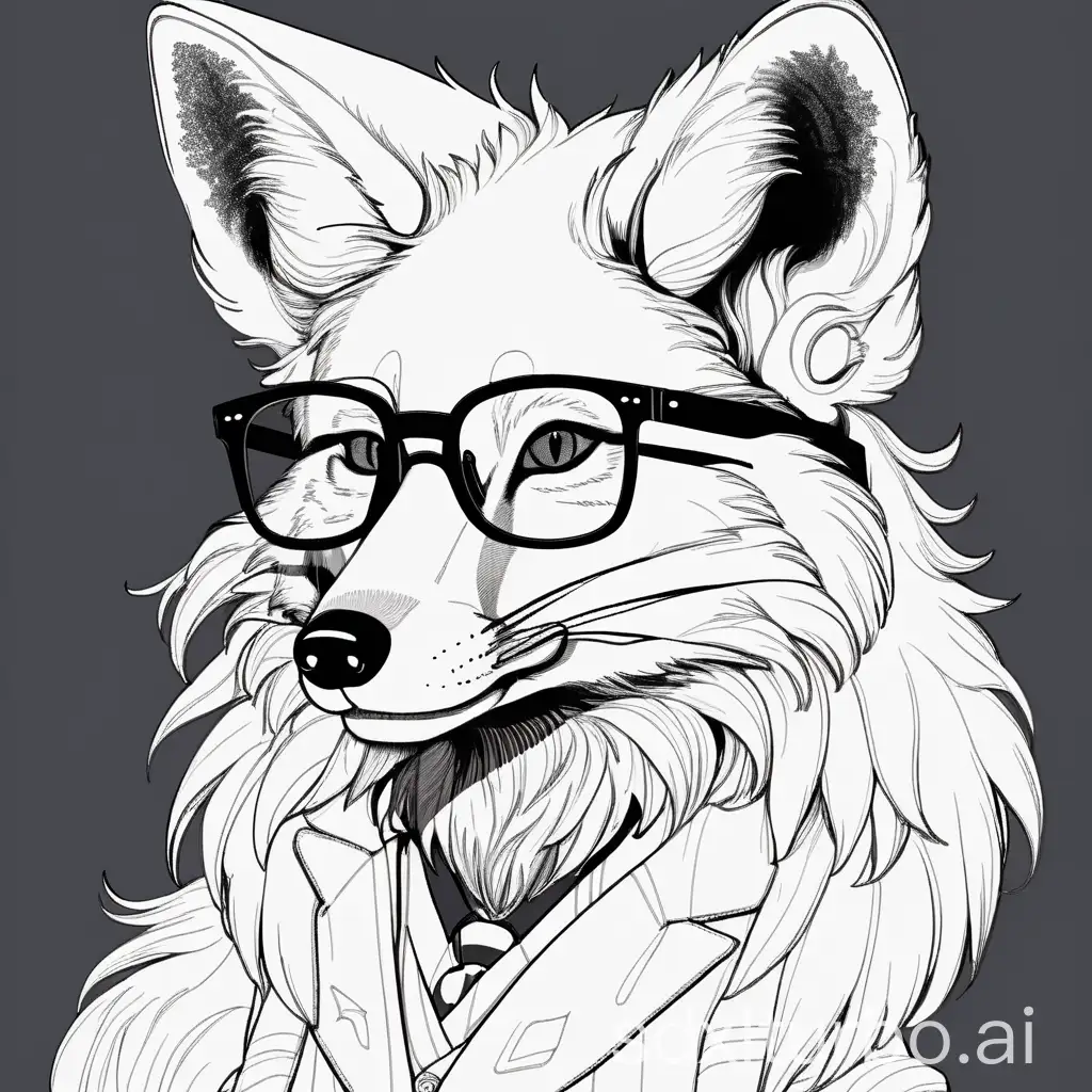 furry fox wearing glasses while looking away, line art
