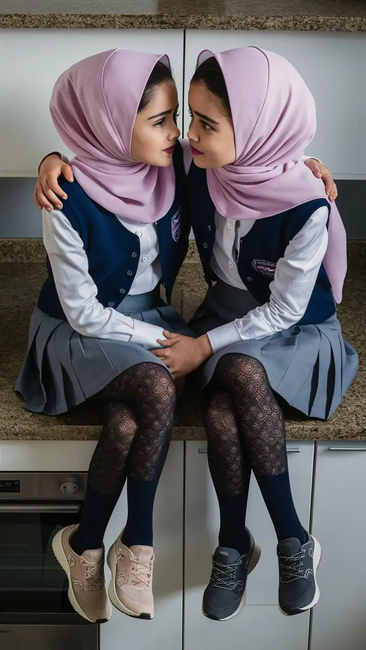 2 arabian girl. 14 years old. They wear a modern hijab,
school skirt, tight shirts, lace opaque tights
Small sport shoes
They are beautiful.
In kitchen. They sits on the kitchen countertrops
well-groomed, turkish, quality face, plump lips.
Bird's eye view, top view, serious face, hugs, kiss, they have slim legs