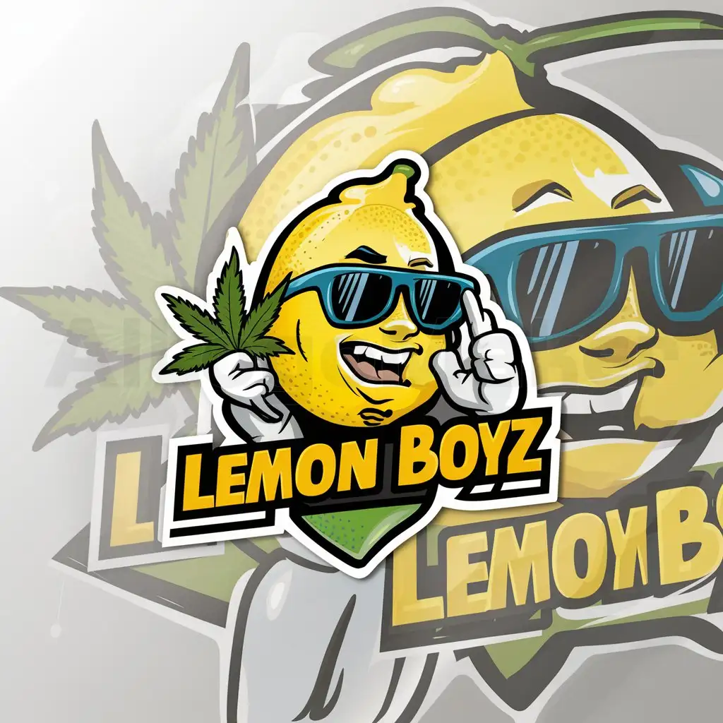 a logo design,with the text "Lemon Boyz", main symbol:Cool lemon , weed leaf , sun glasses , comic style,Moderate,be used in Others industry,clear background