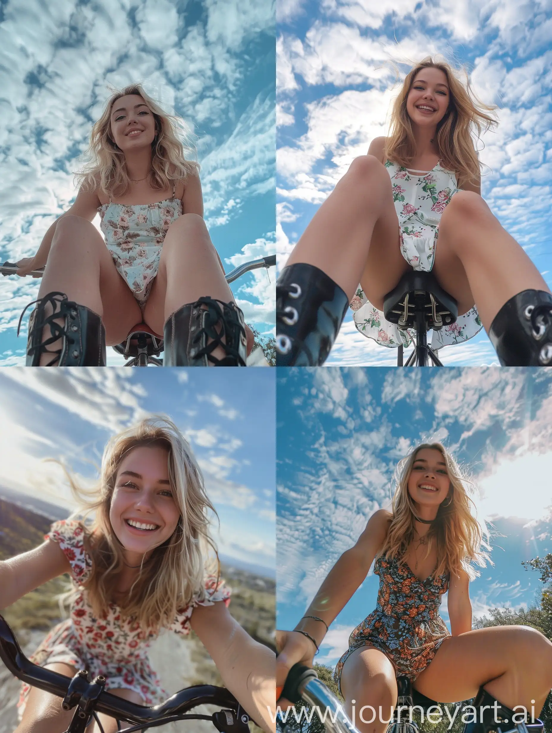 a girl, 22 years old, blonde hair, party's dress, black boots, smiling, ,fat legs,  sitting on a bicycle, no effects, selfie , iphone selfie, no filters, natural , iphone photo natural, camera down angle, sky view, down view