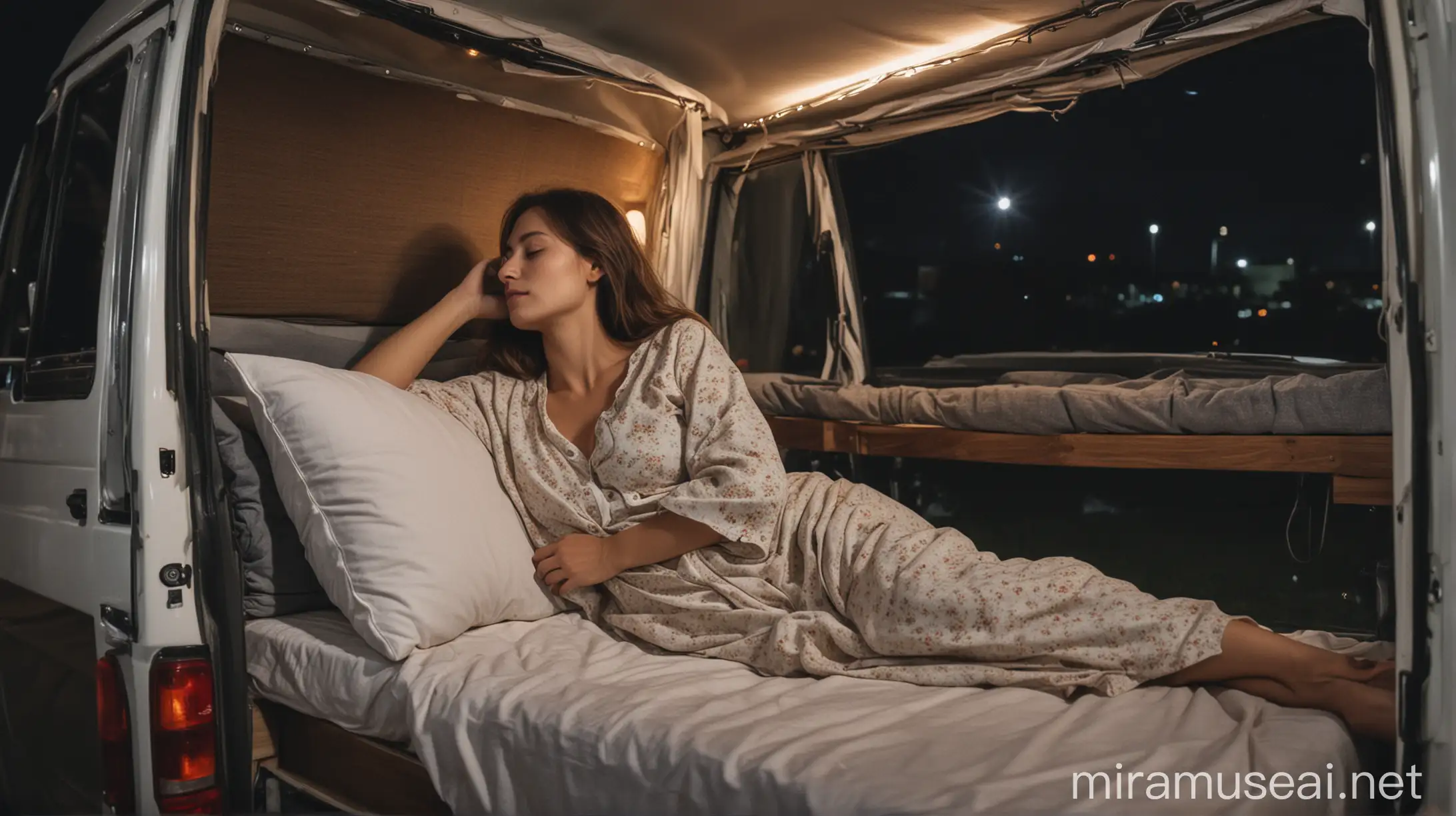Wanita full body Wanita cantik tidur malam selonjoran rebahan posisi kepala di bantal di dalam mobil campervan panjang pada malam hari