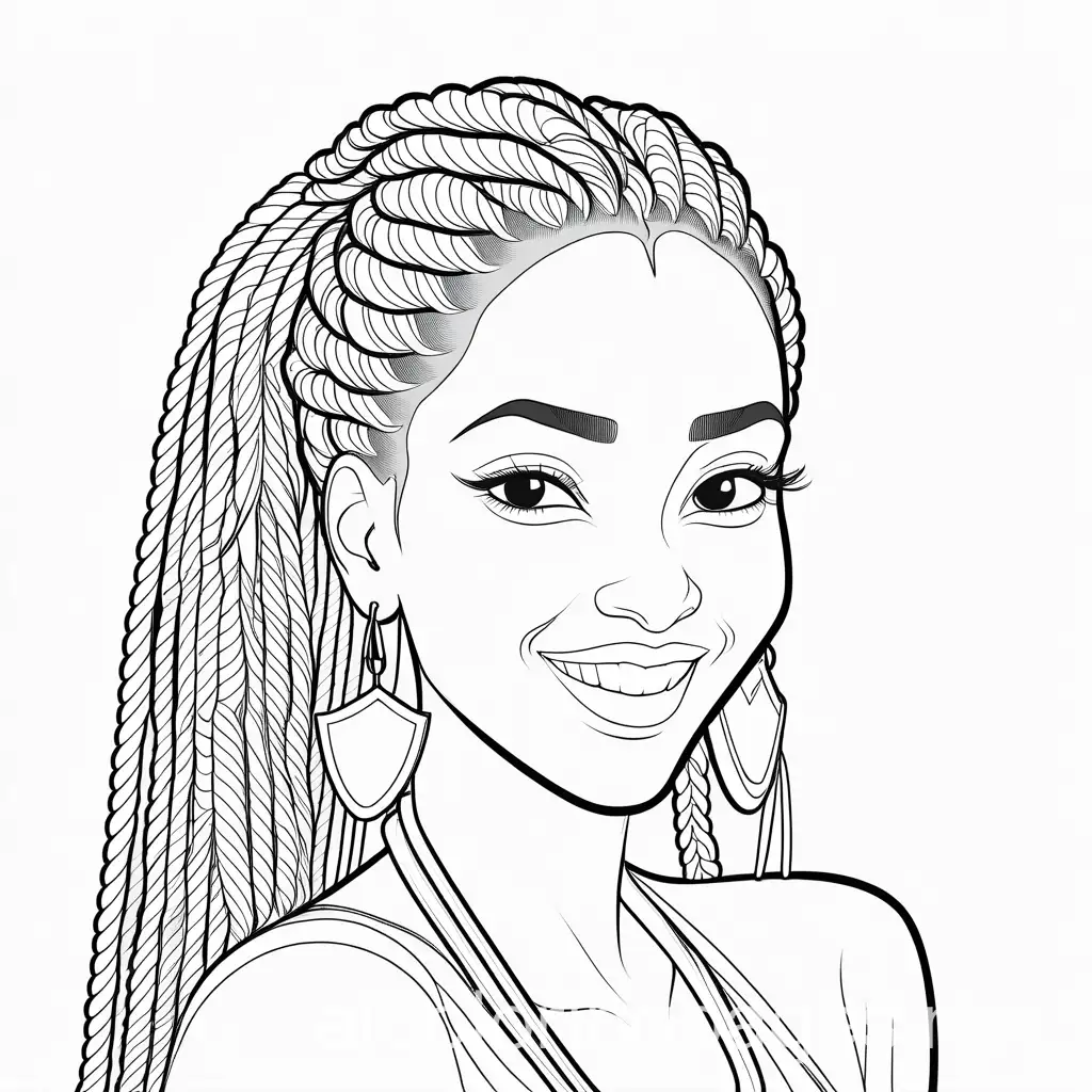ethiopian women with box braids hair, smile face, Coloring Page, black and white, line art, white background, Simplicity, Ample White Space. The background of the coloring page is plain white to make it easy for young children to color within the lines. The outlines of all the subjects are easy to distinguish, making it simple for kids to color without too much difficulty