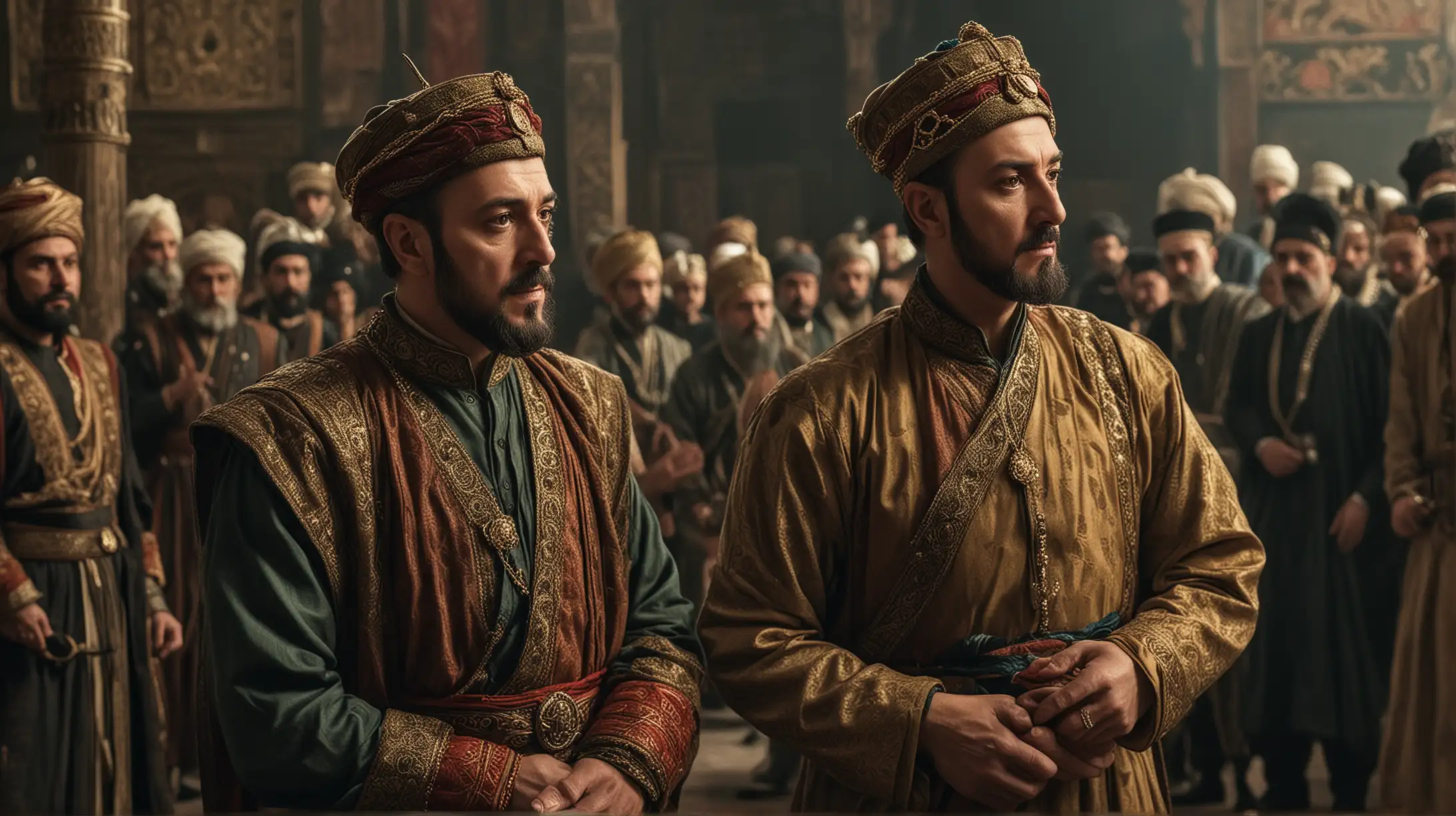 Sultan Suleiman and his son Mustafa lock eyes in a tense confrontation, their faces mere inches apart, amidst the hushed whispers of the courtiers. The air is thick with anticipation as the two powerful figures stand on the brink of destiny, their conflicting ambitions and familial bonds hanging in the balance. In this charged moment, the weight of history bears down upon them, as father and son grapple with the fateful decision that will shape the course of the Ottoman Empire.
Hyper realistic