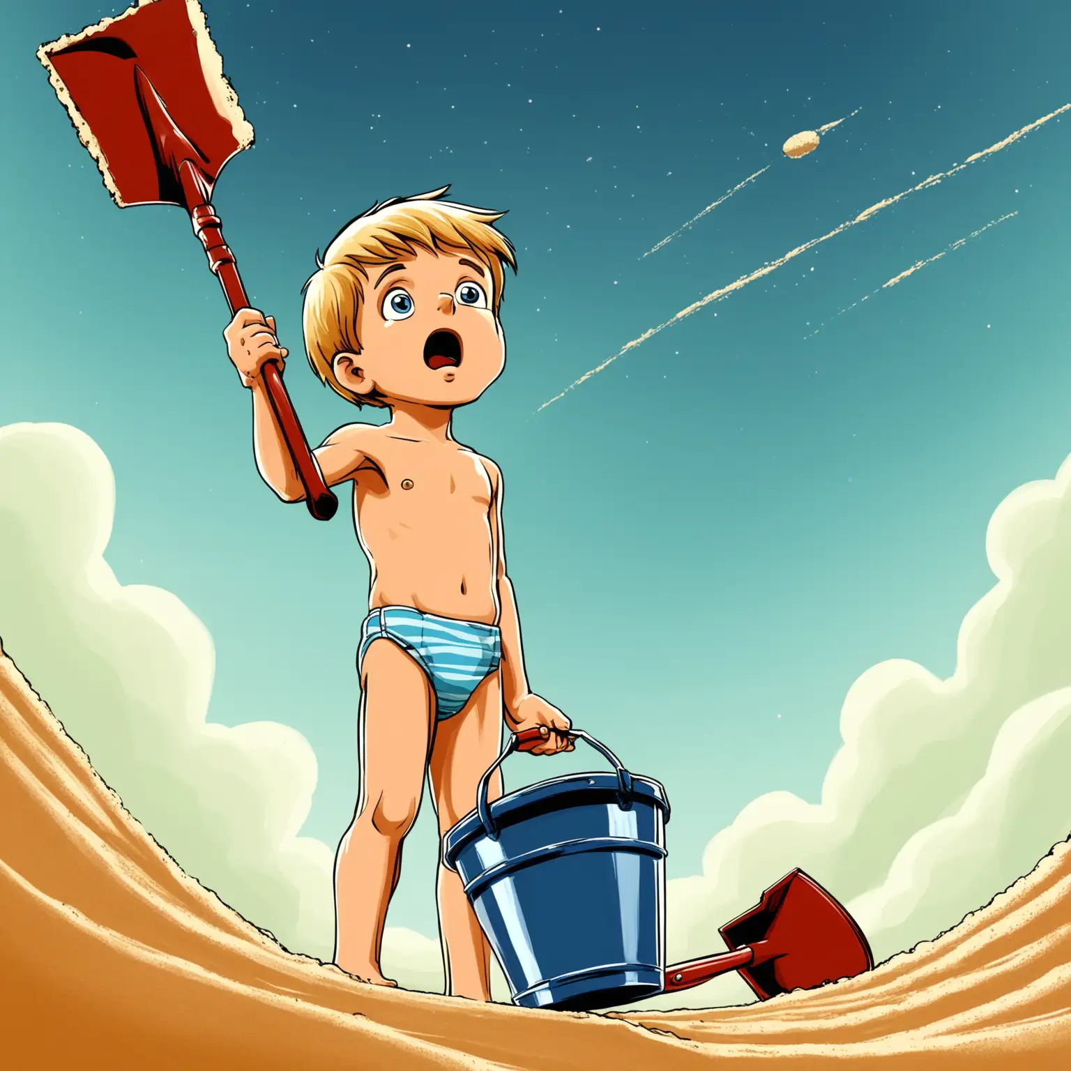 Cartoony color:   From the front, extreme low angle of a four year old boy in a bathing suit with a pale of sand in one hand and a little shove in the other.  His head is tilted back and he looks at something in the sky above him