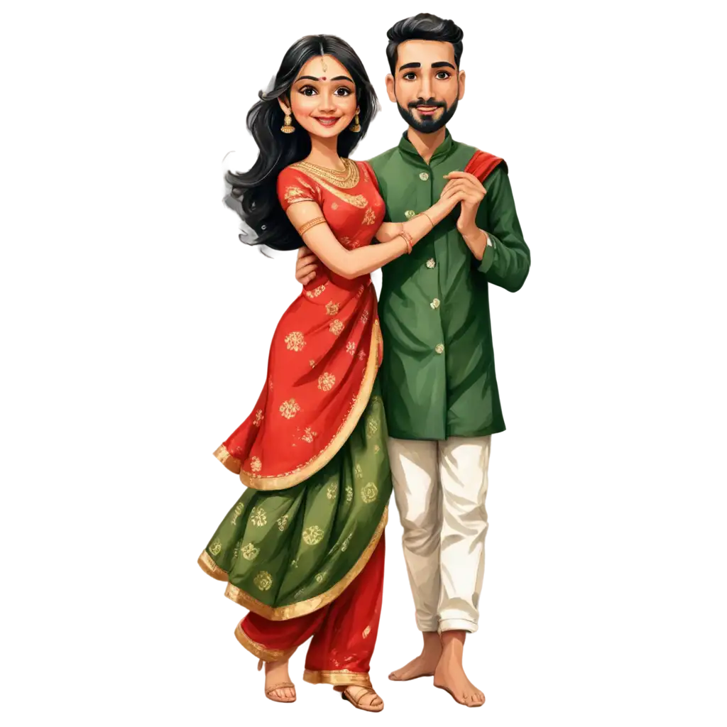 PNG-Image-of-Cute-Caricature-Bride-in-Rich-Red-and-Green-Saree-and-Groom-in-South-Indian-Lungi