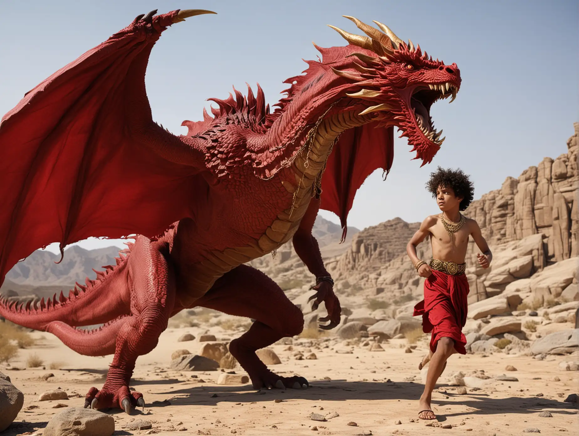 a bare-chested 15 year old boy, curly hair, black skin, wearing red cloth and gold jewelry fighting with a giant red dragon in a rocky desert