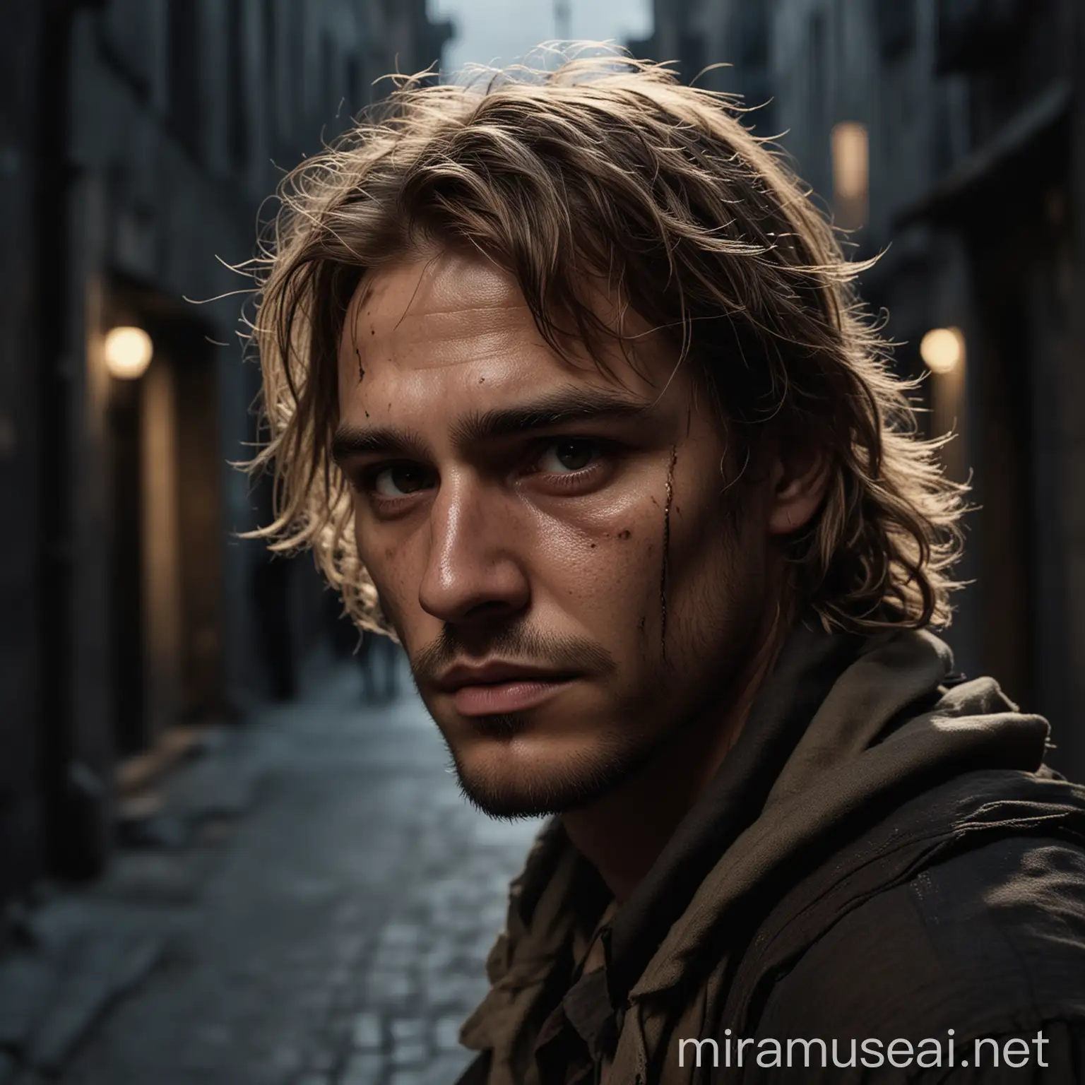 a cinematic realistic photograph of a man dress as a vagabond with light brown hair and a scar on the cheek, in a dark gothic city