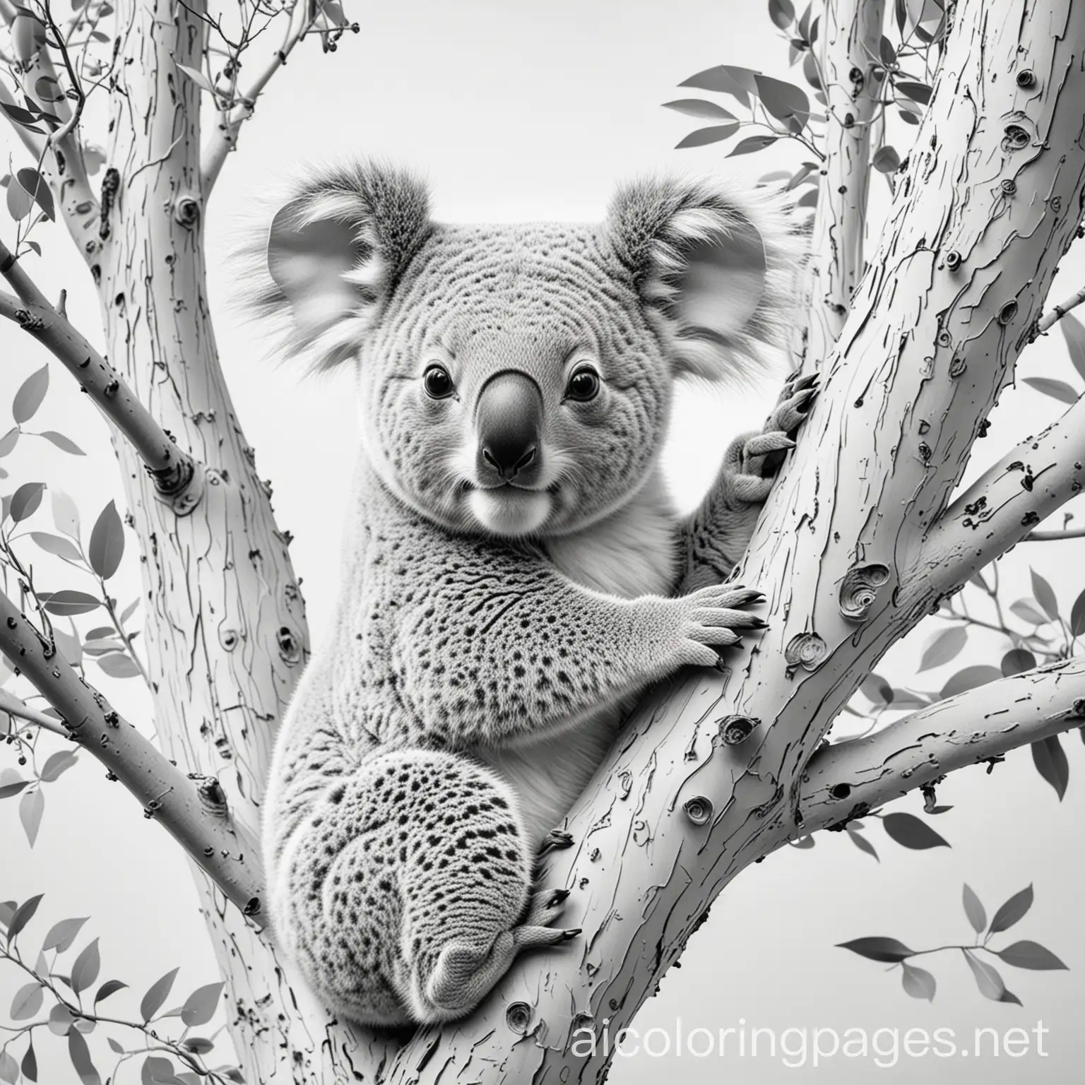 A koala with leopard spots climbing a eucalyptus tree. Thick line, Colouring Page, black and white, line art, white background, Simplicity, Ample White Space. The background of the colouring page is plain white to make it easy for young children to colour within the lines. The outlines of all the subjects are easy to distinguish, making it simple for kids to colour without too much difficulty ,, Coloring Page, black and white, line art, white background, Simplicity, Ample White Space. The background of the coloring page is plain white to make it easy for young children to color within the lines. The outlines of all the subjects are easy to distinguish, making it simple for kids to color without too much difficulty