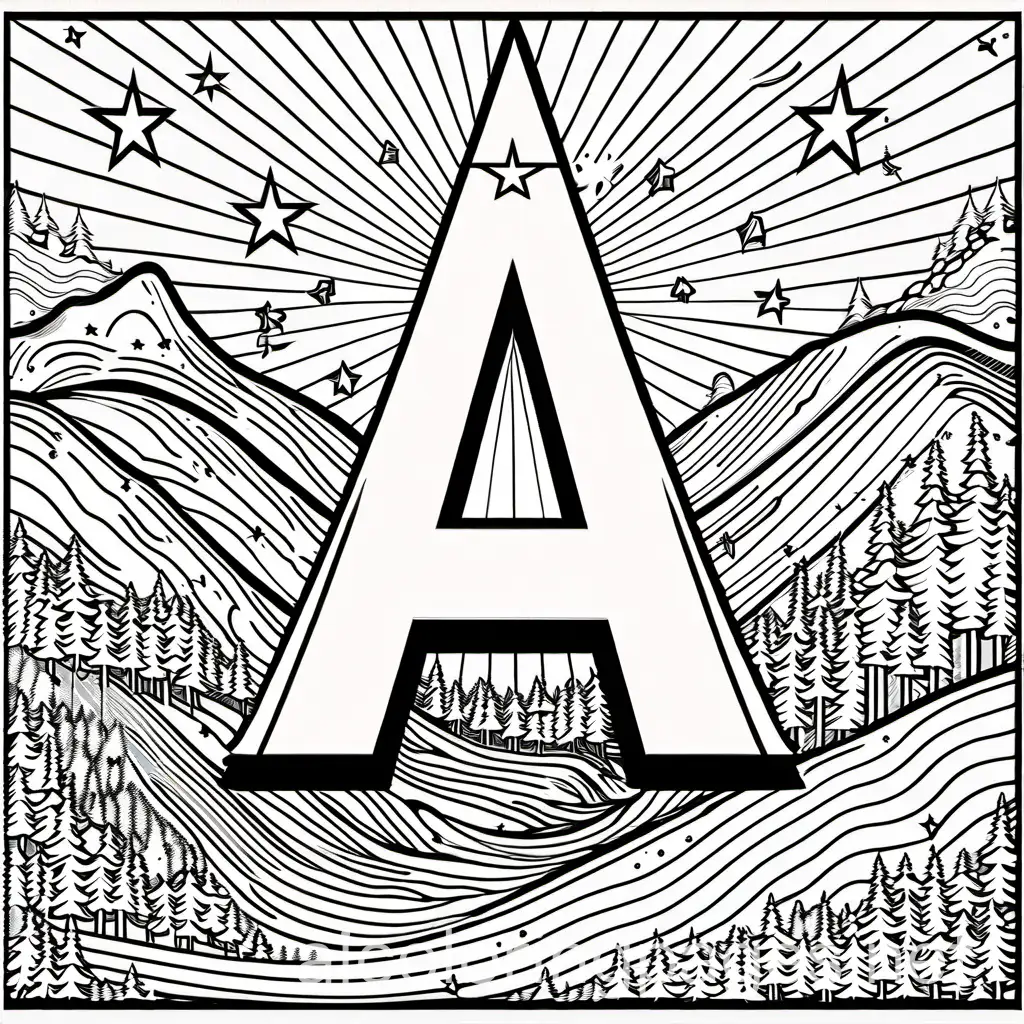  A large, bold English letter "A", decorated with stars and upward arrows, surrounded by illustrations of people climbing a mountain or reaching for the stars. Coloring Page, black and white, line art, white background, Simplicity, Ample White Space. The background of the coloring page is plain white to make it easy for young English children to color within the lines. The outlines of all the subjects are easy to distinguish, making it simple for English kids to color without too much difficulty.
