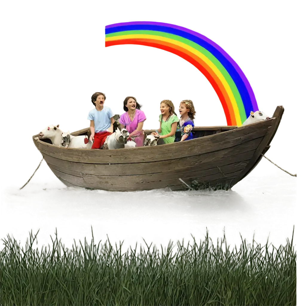 A Childrens bibles illustration of Noah and his family on the ark with the animals seeing the Rainbow from God for the first time. Add text to image: “Take back the rainbow”