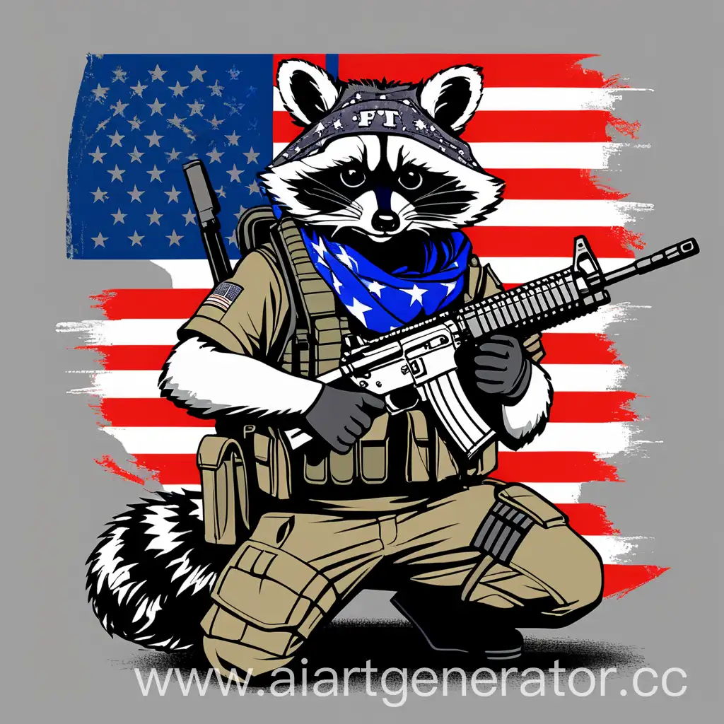 raccoon wearing tactical gear, American flag bandanna, holding an M4 Carbine, cyber computer security background