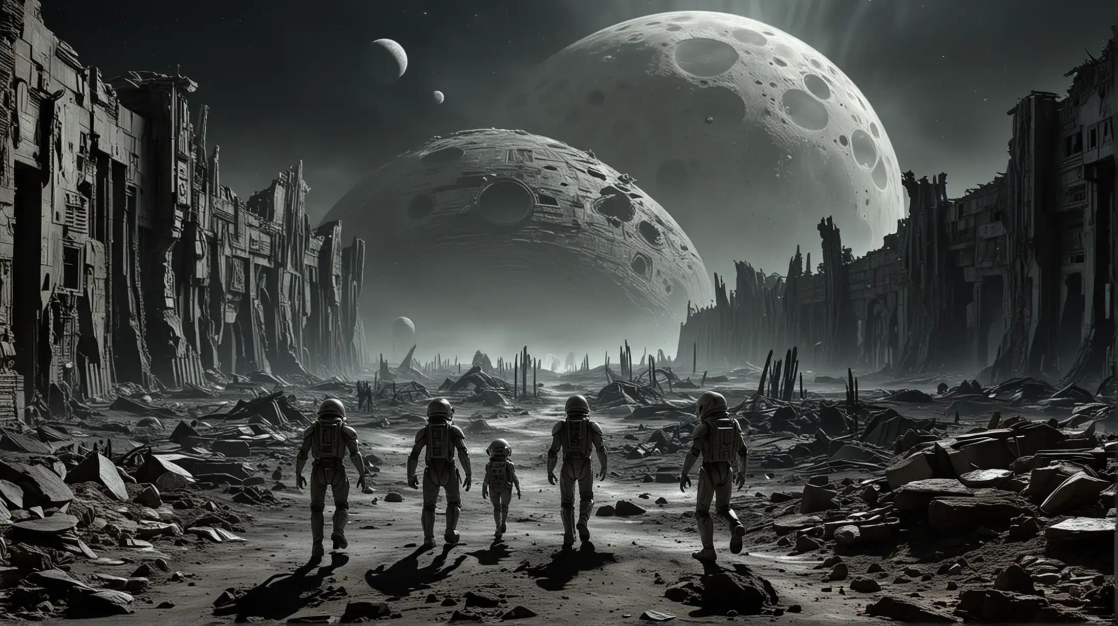 three aliens walk through the ruins of a  human colony  at the dark side of the moon; distant view 