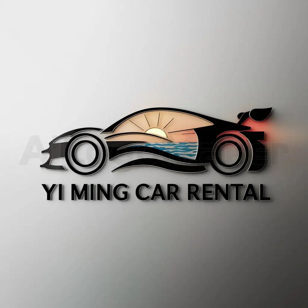 a logo design,with the text "Yi Ming Car Rental", main symbol:racing car, luxury car, sunset, ocean, modernization, professional,Moderate,be used in Automotive industry,clear background