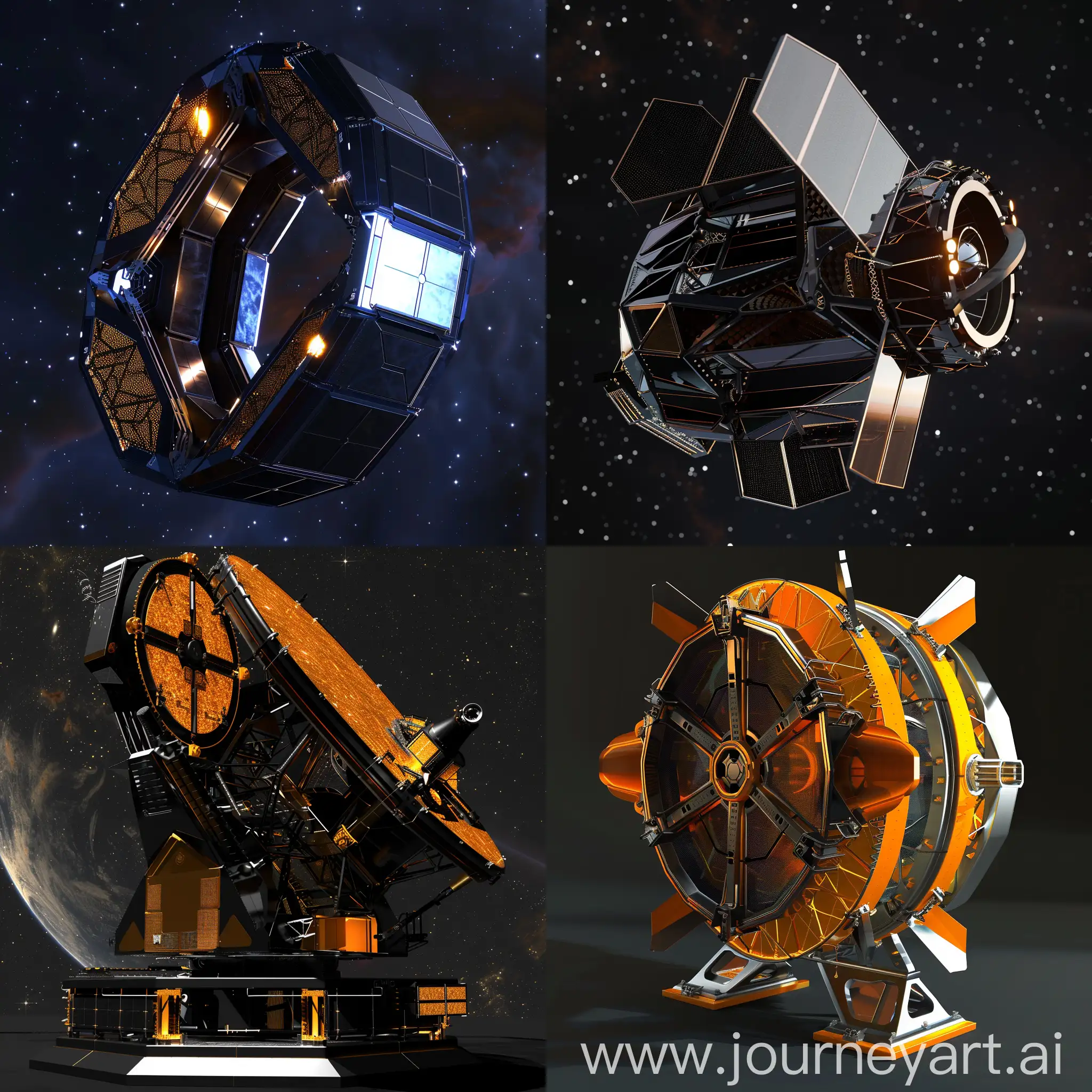 Futuristic space telescope, Adaptive Optics, Ultra-Lightweight Materials, Advanced Cooling Systems, High-Resolution Detector, Quantum Communication, Artificial Intelligence, Nano-structured Coatings, Modular Design, Energy Harvesting, Spectroscopy Enhancements, Solar Panel Wings, Micrometeoroid Shielding, Thermal Control Coating, Communication Arrays, Robotic Arms, Star Trackers, Propulsion System, Sunshade, Docking Ports, Variable Geometry, in technological style, in progressive style, in dynamic style, in speed style, in unreal engine 5 style --stylize 1000