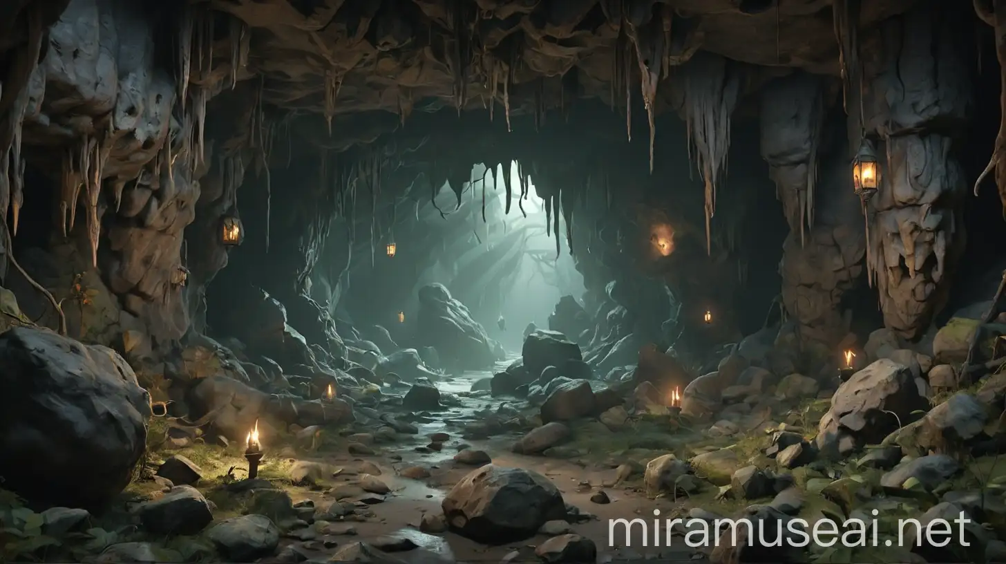 /imagine prompt: 3D animation, personality: Illustrate a wide shot of scary caves and horror forests. Unreal Engine, hyper-real --q 2 --v 5.2 --ar 16:9
