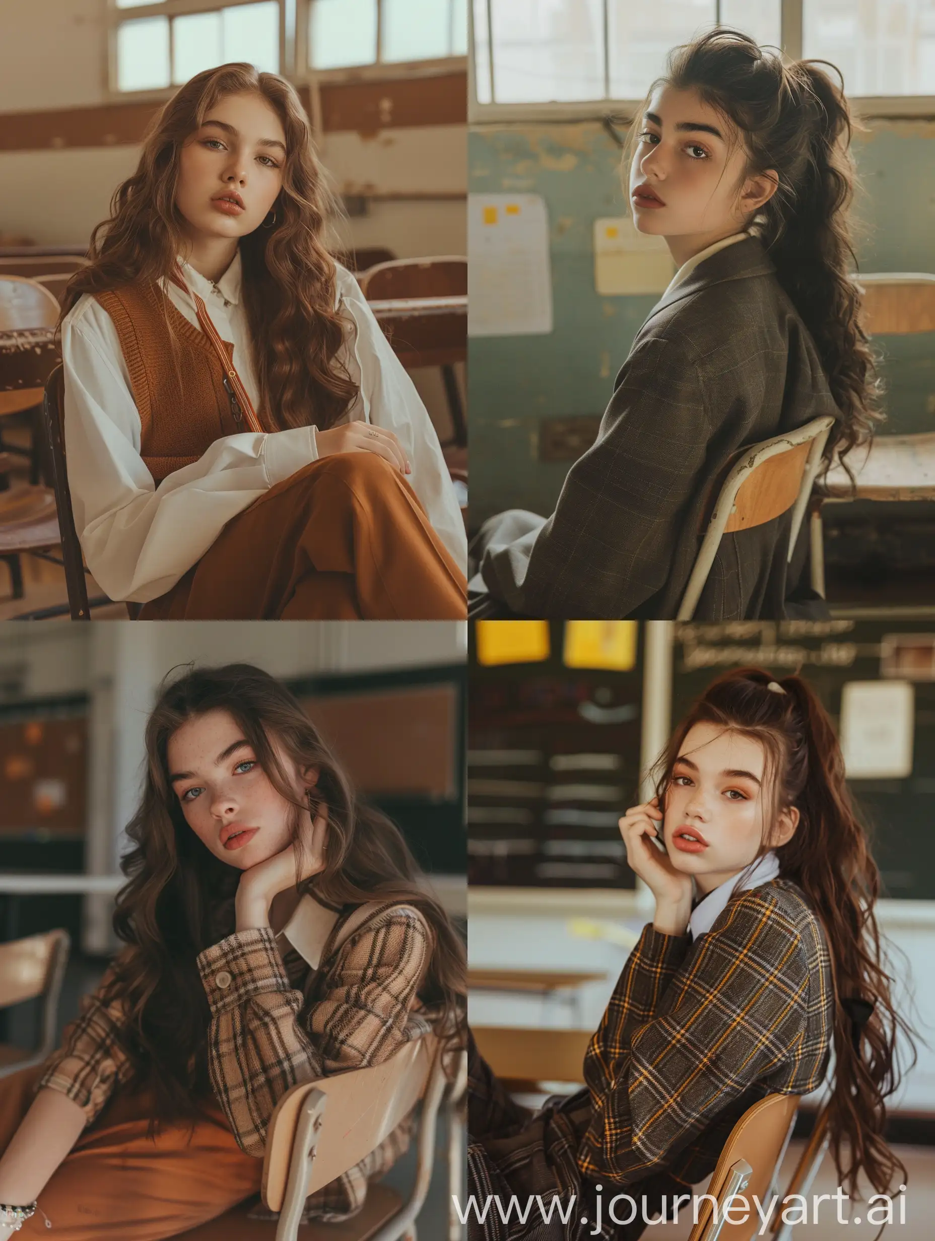 Aesthetic photo  of a teenage girl influencer, school uniform, sitting on chair, super model, bushy eyebrows, full hair,  in school class, , warm brown tones, casual clothing, gorgeous, profile shot, wide set --v 6  --no 52166