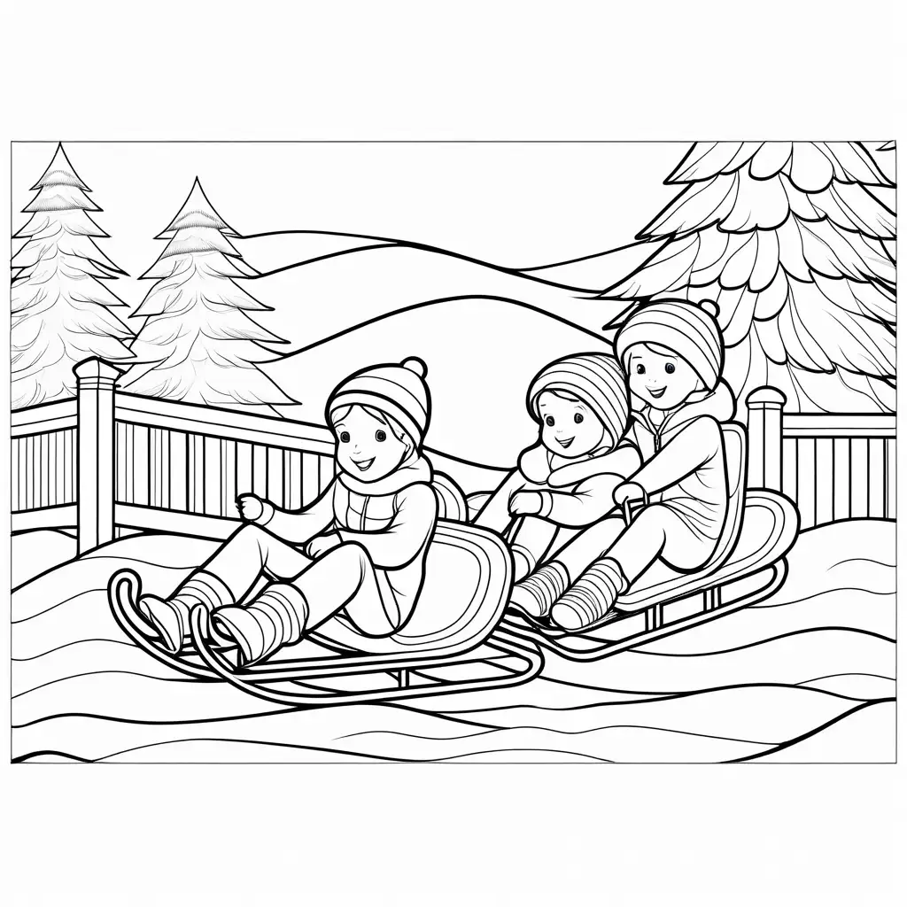 kids sledding
, Coloring Page, black and white, line art, white background, Simplicity, Ample White Space. The background of the coloring page is plain white to make it easy for young children to color within the lines. The outlines of all the subjects are easy to distinguish, making it simple for kids to color without too much difficulty