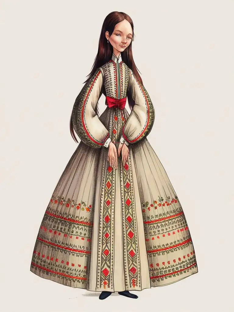 A slender girl with long dark brown hair stands dressed in traditional Old Slavic dress with khokhloma patterns in full growth. Illustrations in the style of folk art. There are bright accents on the dress, but overall the image consists of calm, not bright, pastel colors and shades.