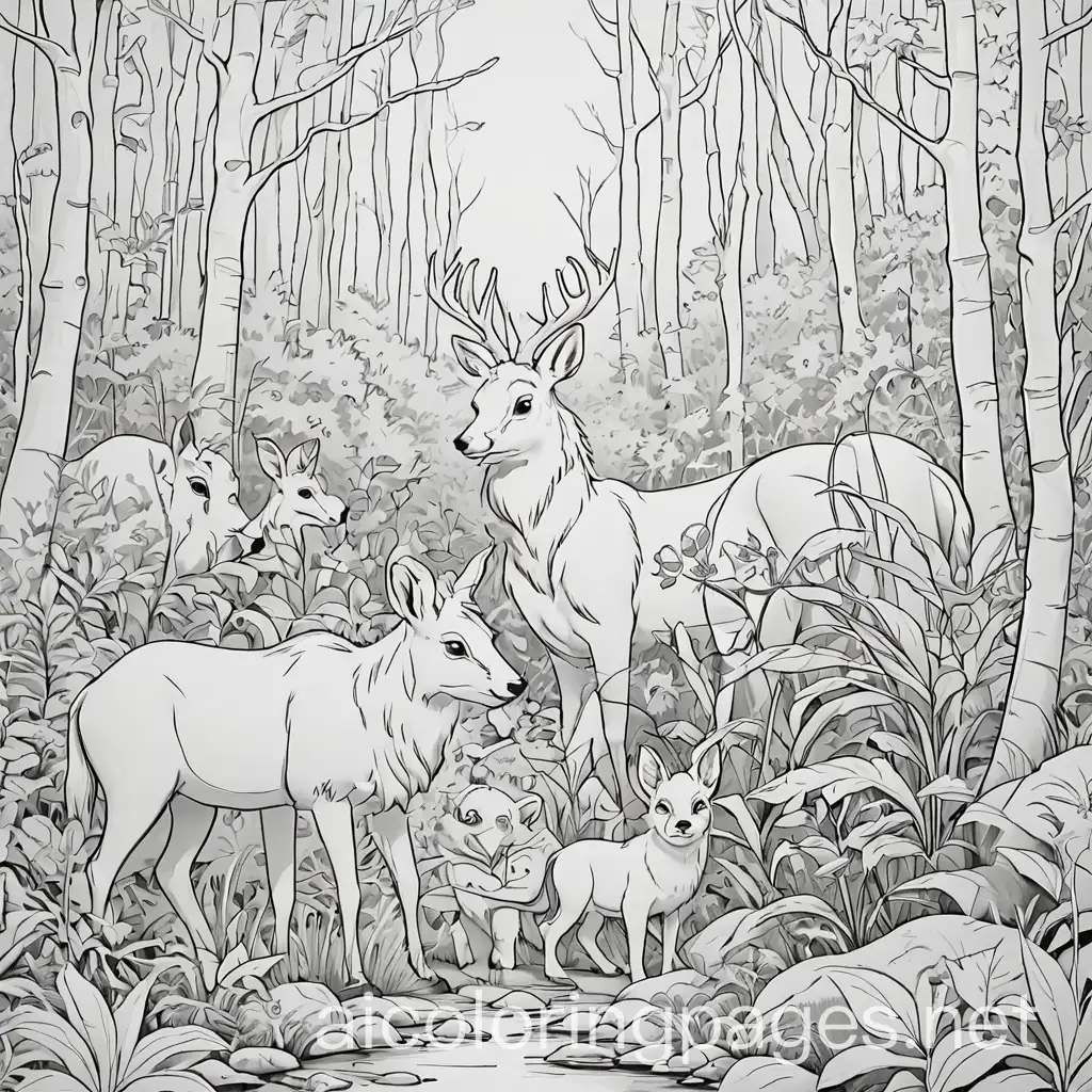 animals in the forest colouring pages, Coloring Page, black and white, line art, white background, Simplicity, Ample White Space. The background of the coloring page is plain white to make it easy for young children to color within the lines. The outlines of all the subjects are easy to distinguish, making it simple for kids to color without too much difficulty