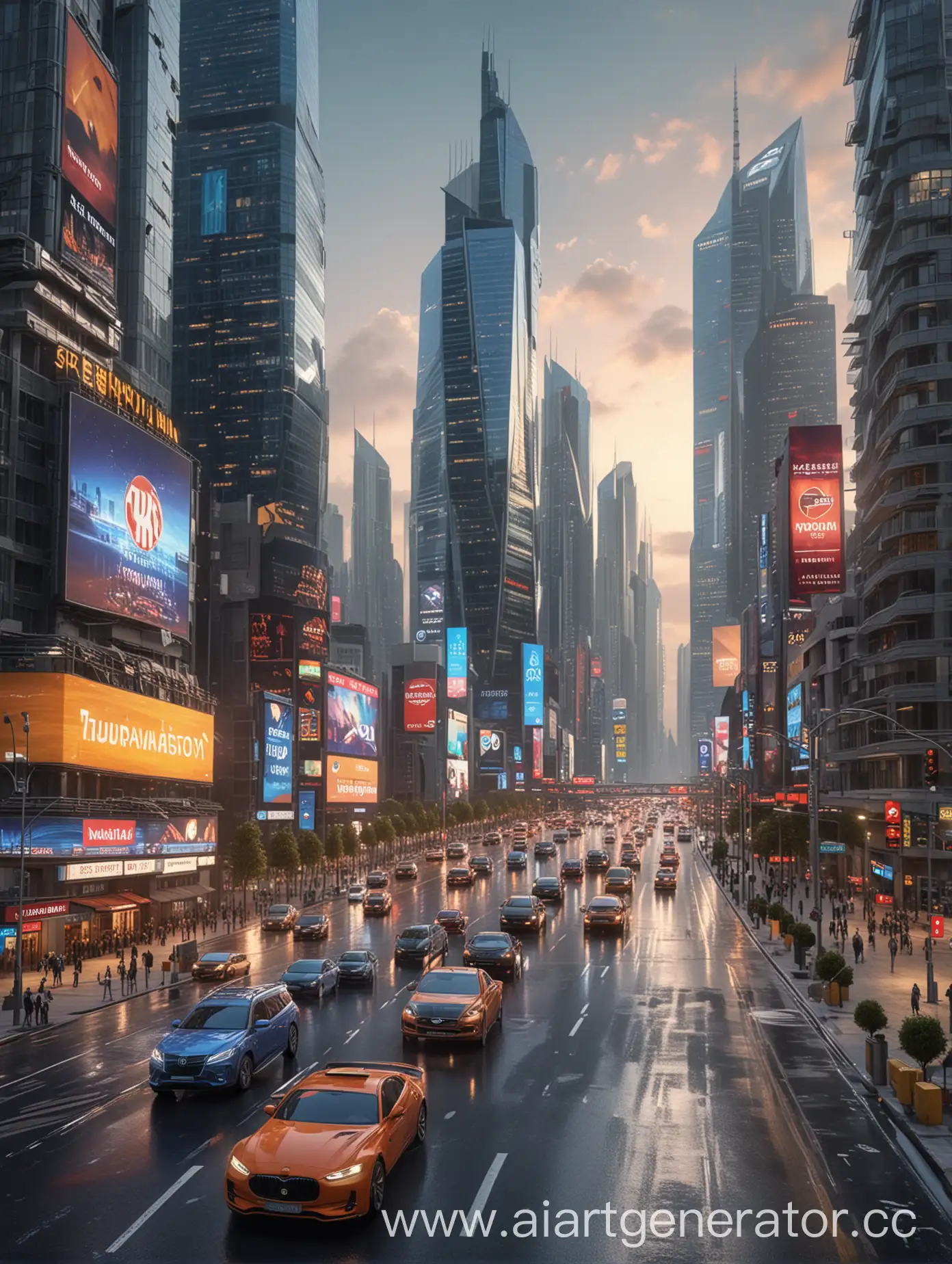     На картинке можно изобразить современный городской пейзаж с высокими небоскребами, светящимися рекламными щитами и множеством автомобилей на дорогах. В центре картинки можно разместить логотип TARONAVIGATOR, который будет выделяться на фоне яркого и динамичного городского фона, фотография, реалистично, 4k