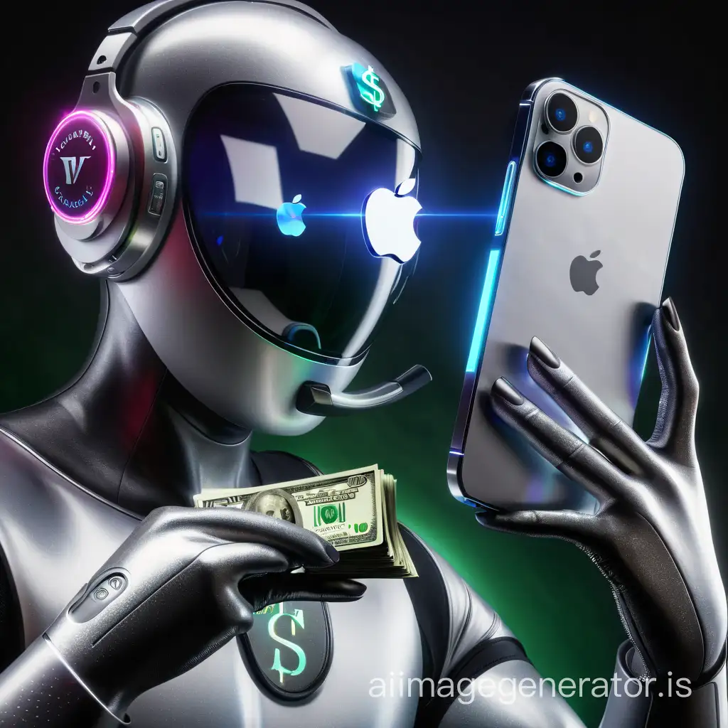  realistic iphone 15 with hologram icons surrounded by dollars 