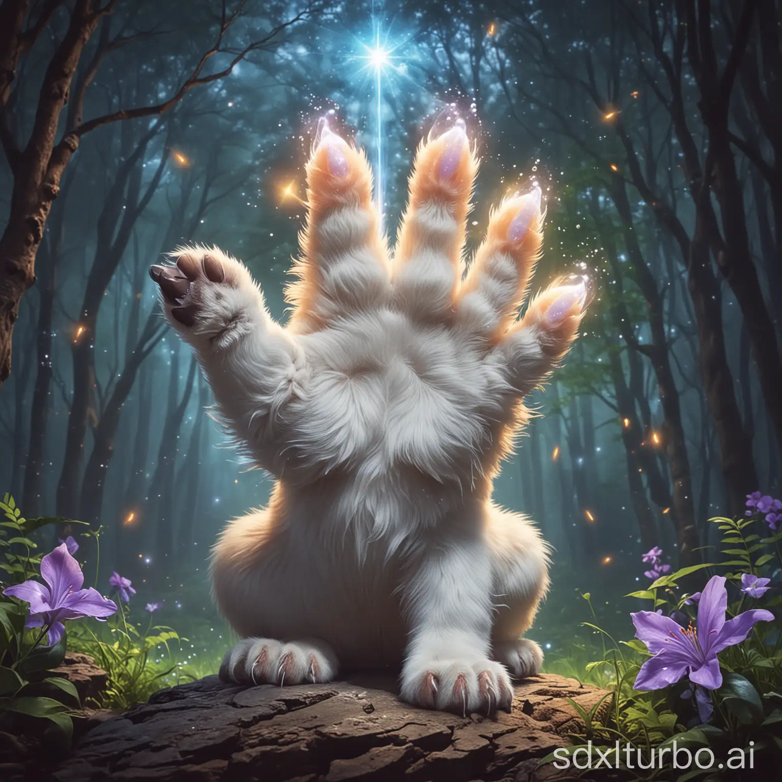 Enchanted-Cat-with-Glowing-Paw-in-Mystic-Forest