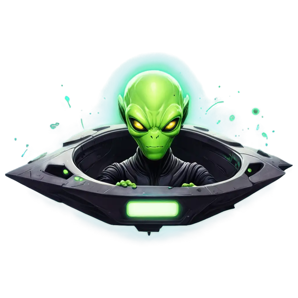 a cool glowing green alien in his spaceship in a graffiti style