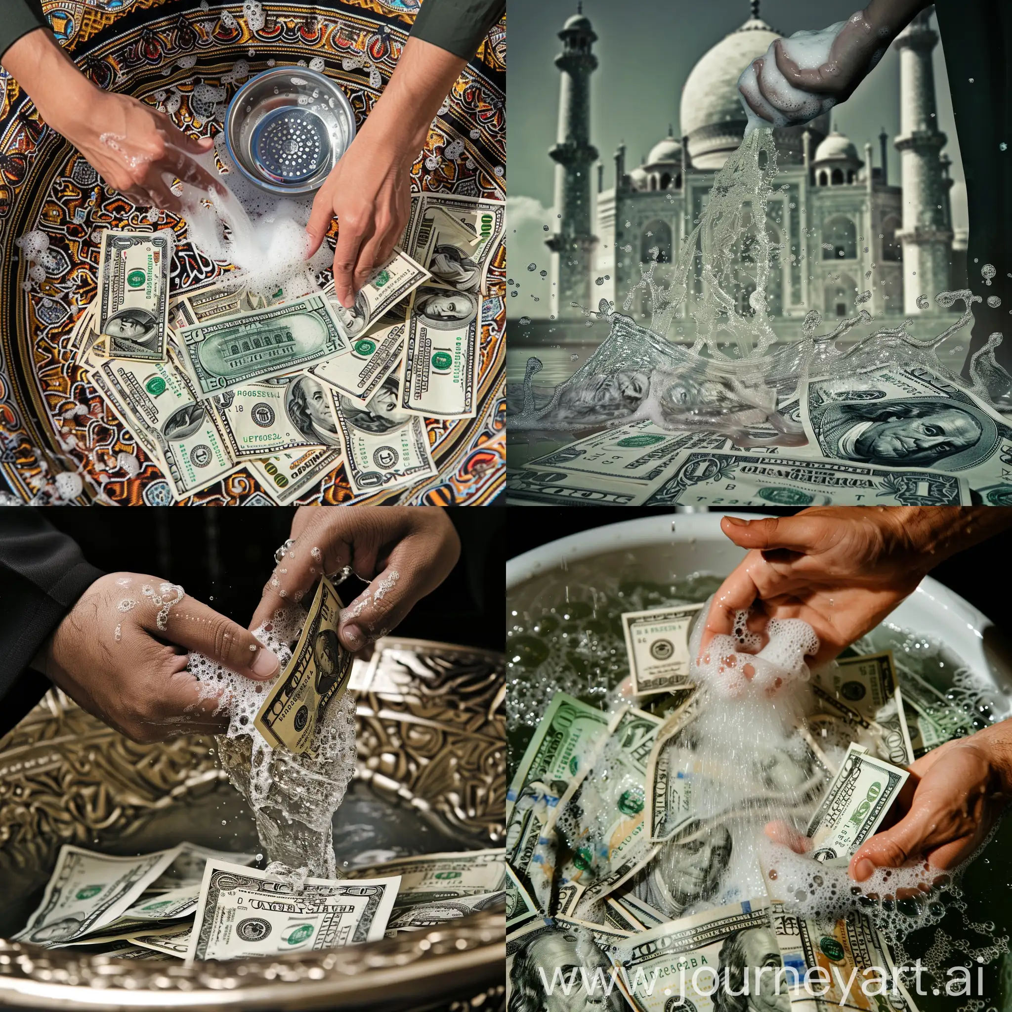 A photo of a person washing dollars with the Grand Imam Zaman