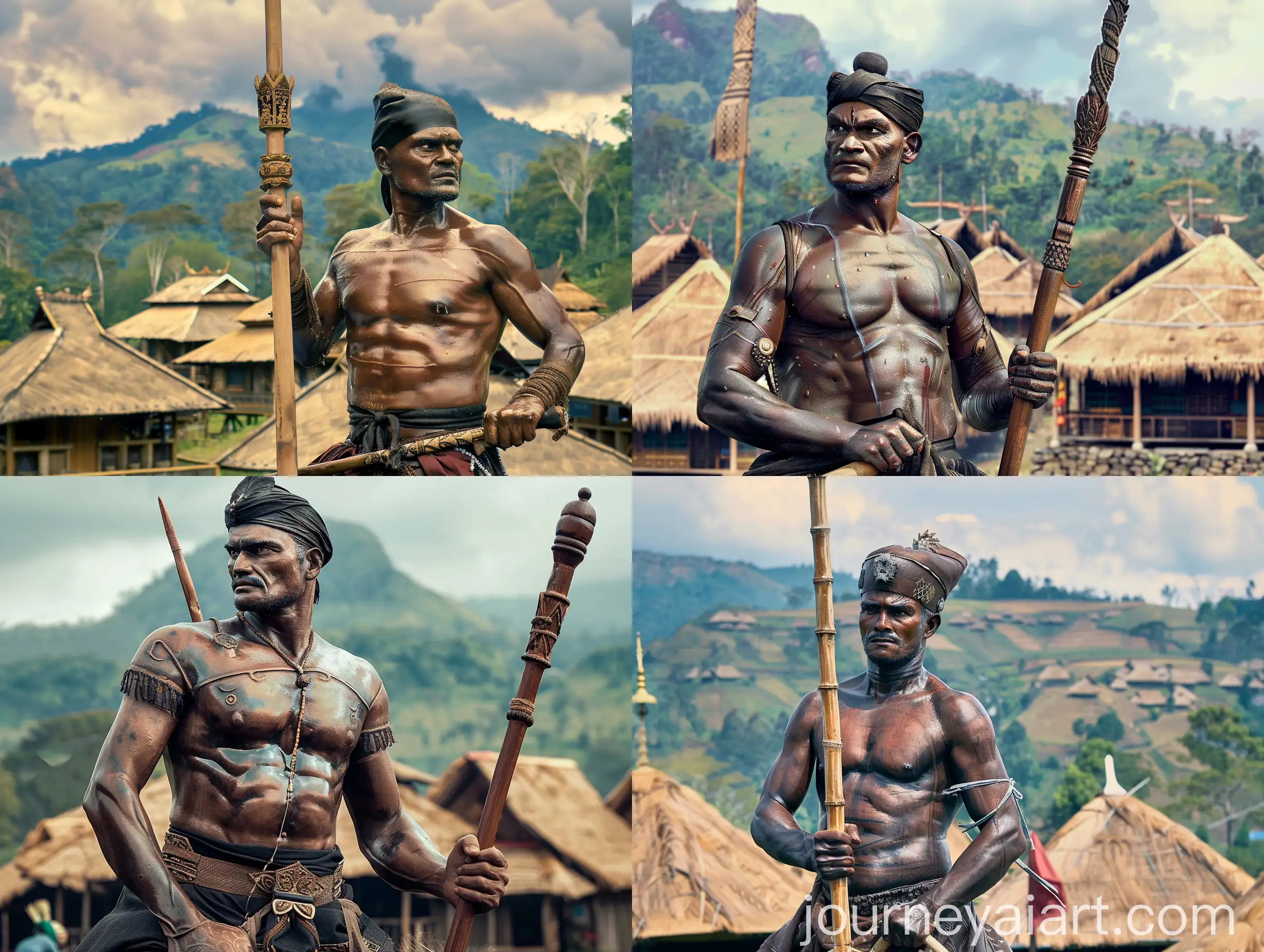 Cinematic-Scene-Sisingamangaraja-Riding-in-Traditional-Toba-Batak-Village