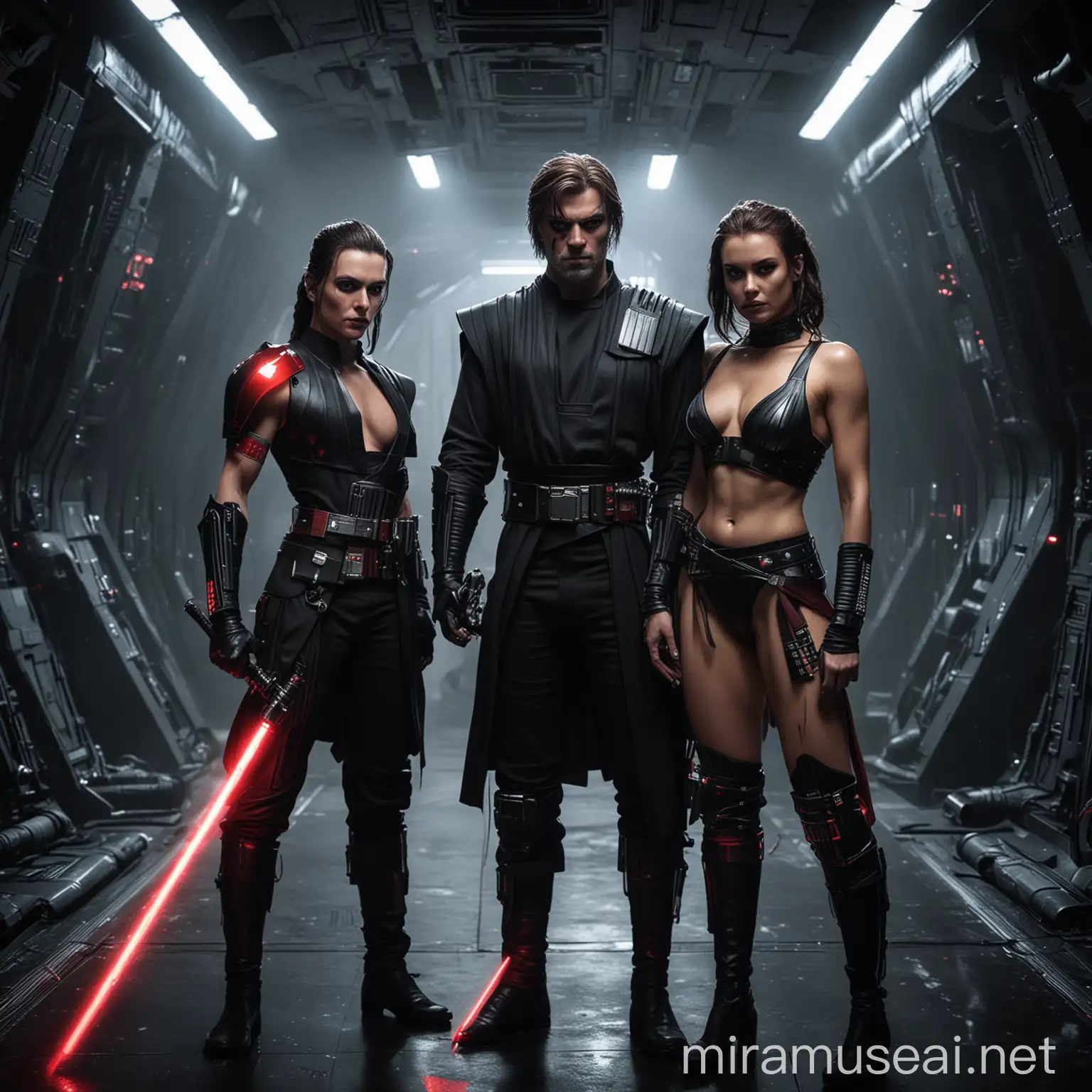 Male sith lord and a sexy female sith lord with hot booty. Standing next to eachother. lightsabers drawn. looking mean. Dark surroundings on a spaceship.