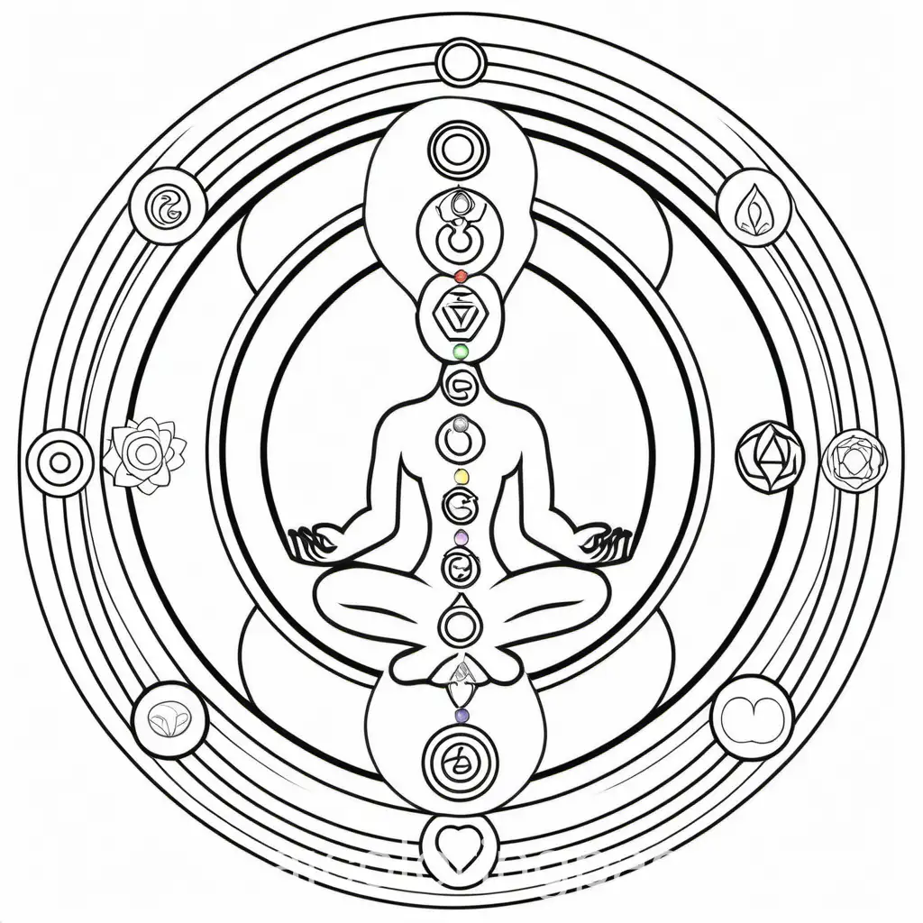 each of the 7 chakras, Coloring Page, black and white, line art, white background, Simplicity, Ample White Space. The background of the coloring page is plain white to make it easy for young children to color within the lines. The outlines of all the subjects are easy to distinguish, making it simple for kids to color without too much difficulty