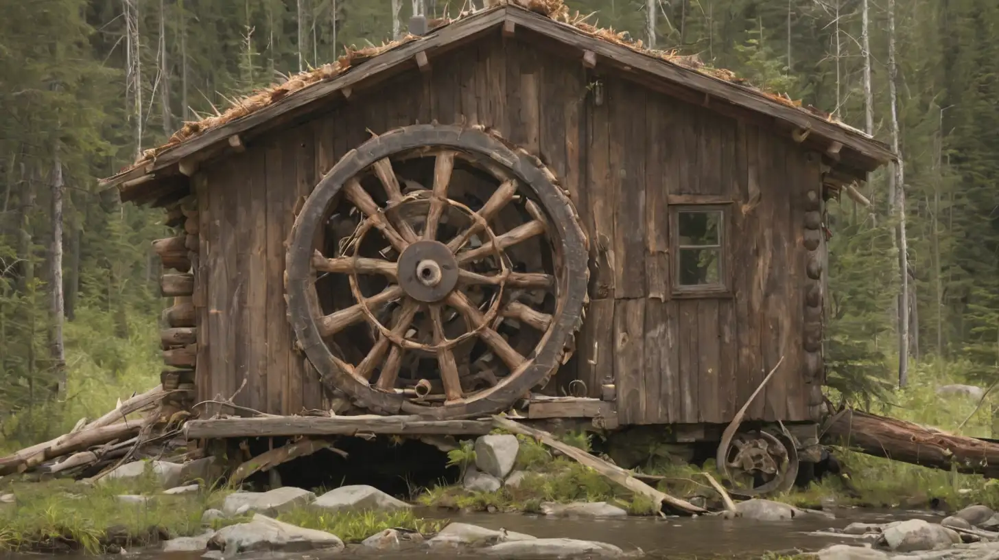 A house in the Canadian mountains, running on power created from beavers running in a wheel.