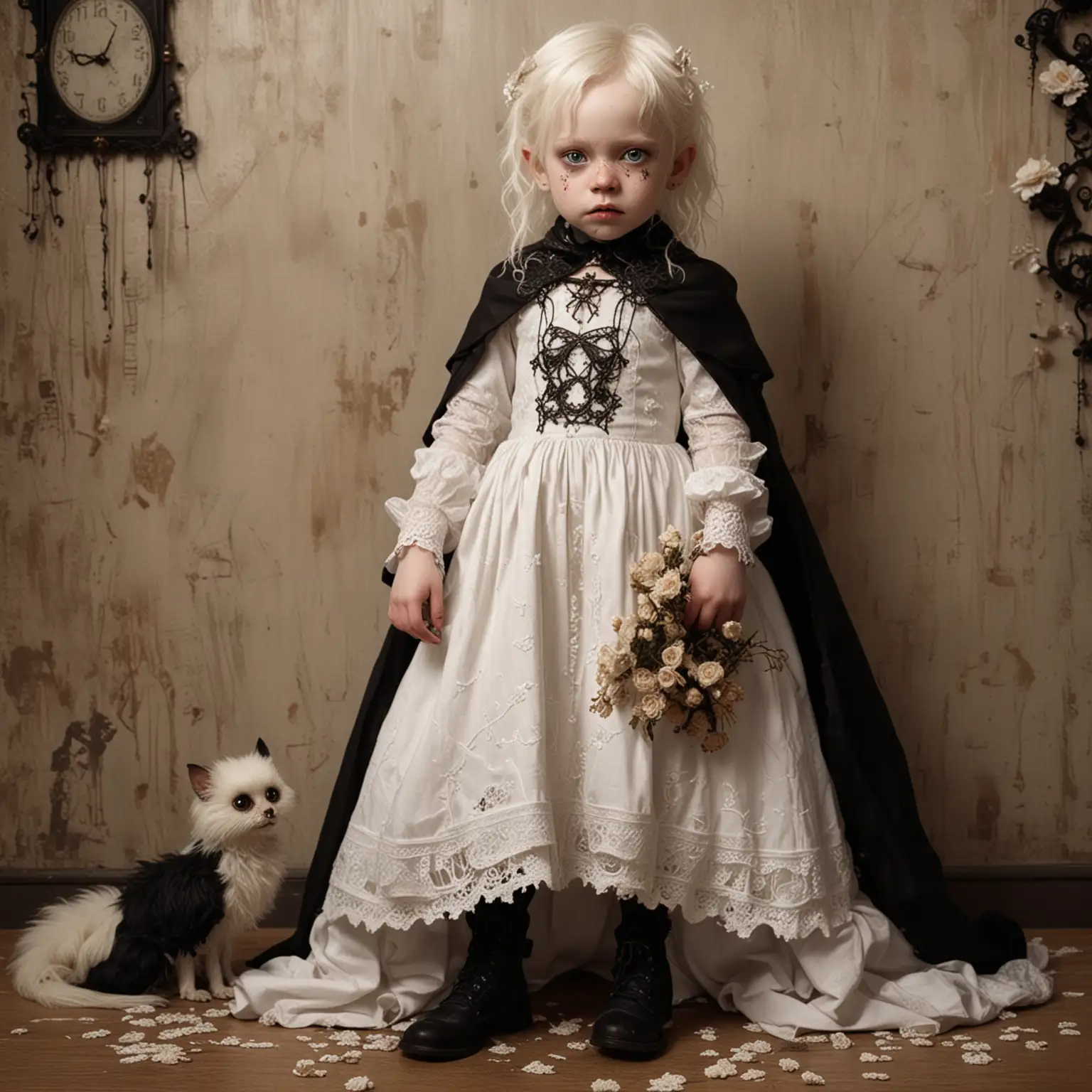 Steampunk Albino Vampire Kid with Creepy Hybrid Fluff Pet in Chiaroscuro Bathroom Scene