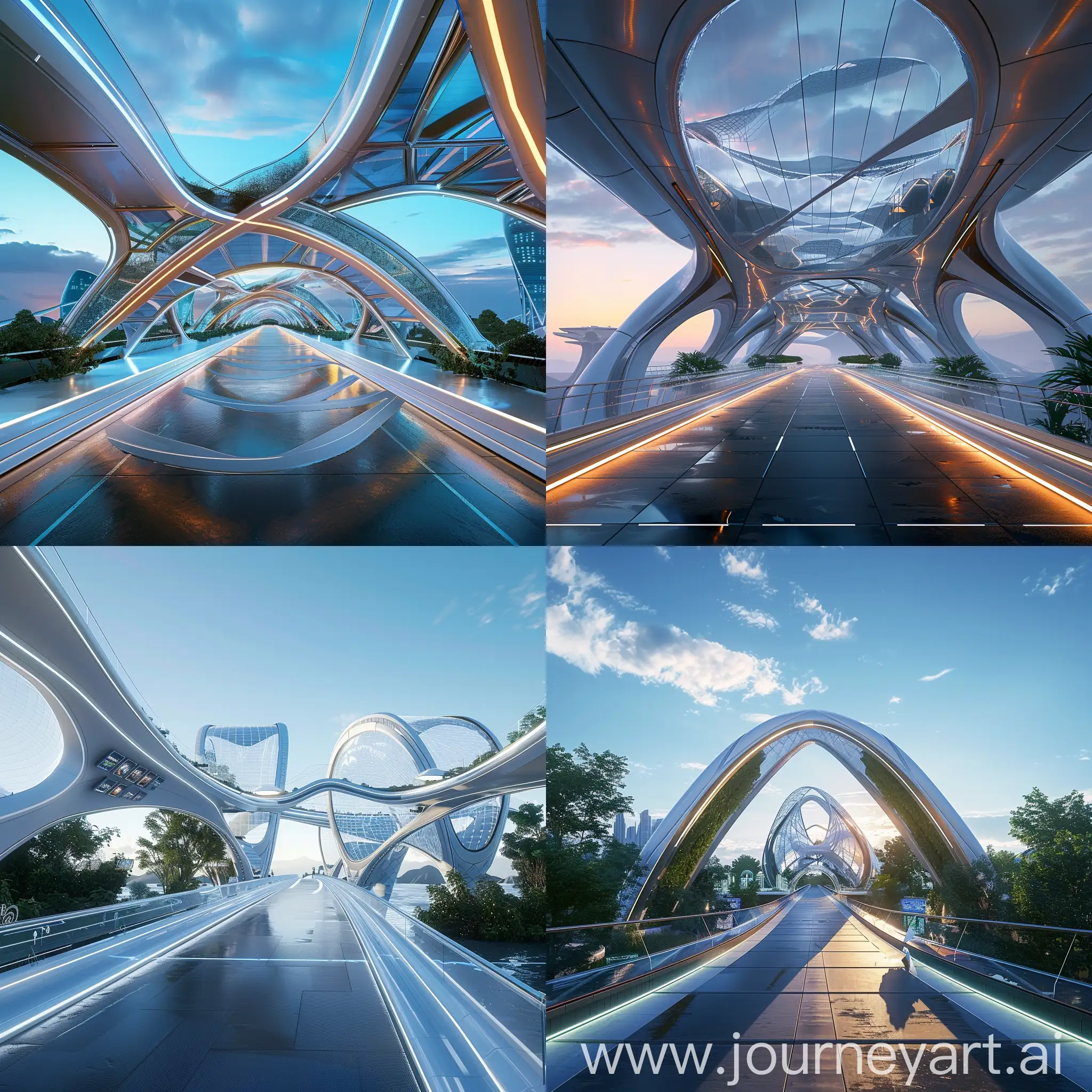 Futuristic bridge, in futuristic style, Smart Sensors, Self-healing Materials, Energy Harvesting Systems, Adaptive Lighting, Augmented Reality Navigation, Dynamic Morphing Structures, Air Quality Management Systems, Holographic Signage and Displays, Biometric Security Systems, Modular Design for Upgradability, Solar Panels, Dynamic LED Lighting, Greenery Facades, Transparent Noise Barriers, Kinetic Energy Harvesters, Augmented Reality Art Installations, Hydrodynamic Turbines, Reflective Coatings, Flexible Photovoltaic Membranes, Interactive Information Displays, Virtual Reality Walkways, Holographic Information Stations, Augmented Reality Safety Guides, Immersive Audio Experience, Interactive Gesture Controls, Dynamic Environmental Simulation, Biometric Feedback Stations, Immersive Art Installations, Virtual Collaboration Spaces, Dynamic Spatial Navigation, Augmented Reality Façade, Interactive Light Shows, Holographic Scenic Views, Kinetic Sculptures, Virtual Reality Observation Decks, Interactive Environmental Sensors, Dynamic Projection Mapping, Augmented Reality Wayfinding, Interactive Public Art Installations, Immersive Environmental Storytelling, unreal engine 5 --stylize 1000