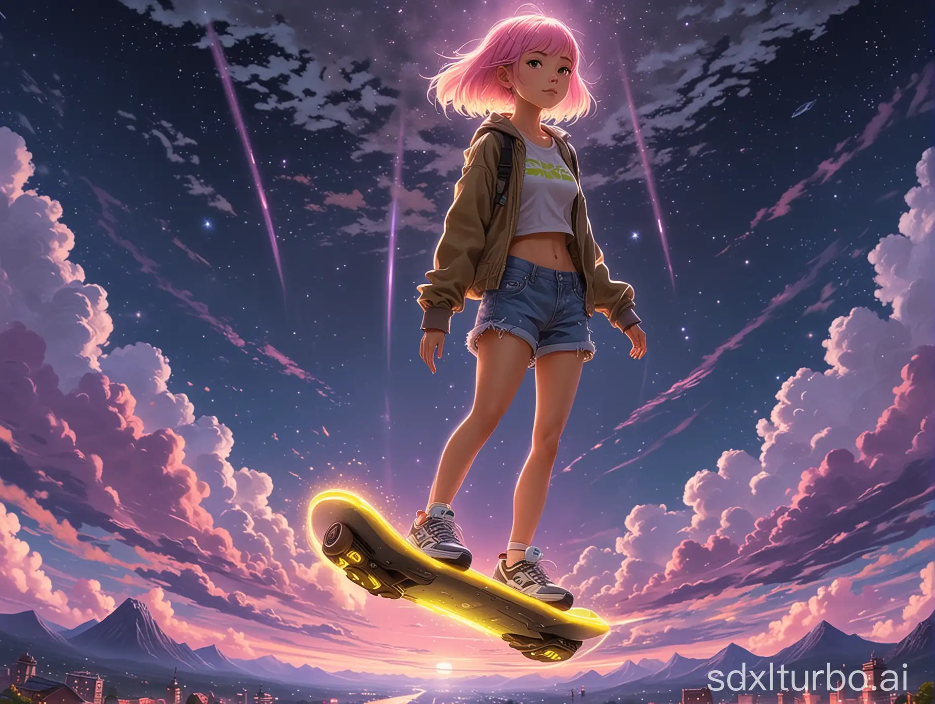 cloudy starlit night sky, Ghibli anime style, tan girl on futuristic hoverboard with lime-yellow energy trail, short pink hair