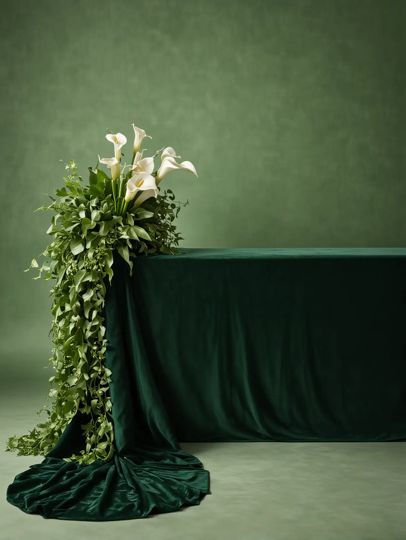 Funeral decoration; on the left side draped green fabric on which lies callas and ivy, green velvet background